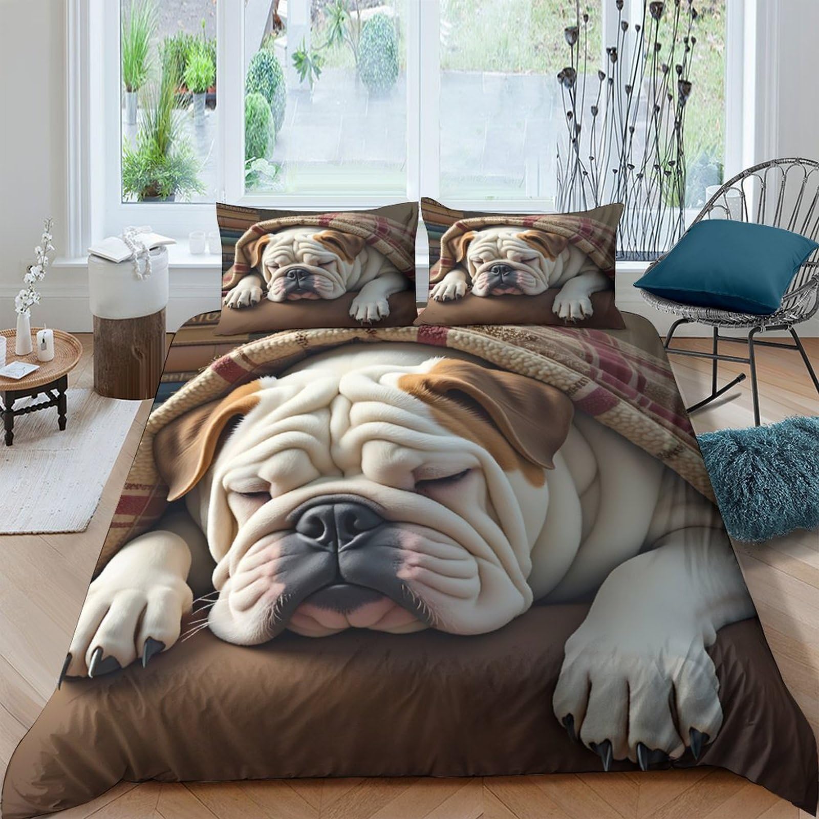 P5V6M1Q9 3D Printed Bulldog Dog Duvet Cover Microfiber Soft Breathable Animal Bedding Set with 2 Pillowcases for Bedroom Decor Single（135x200cm）