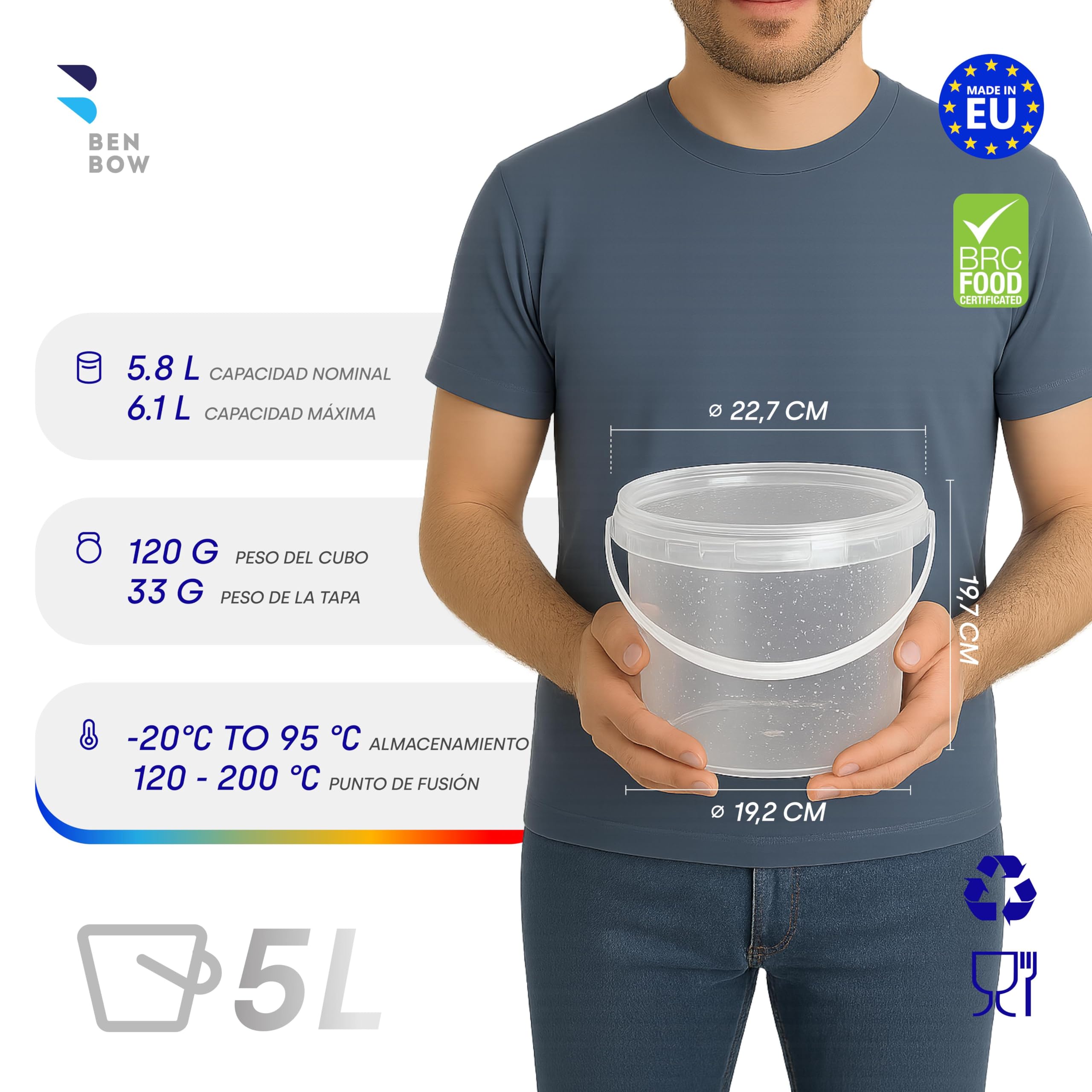 BenBow Cubo con Tapa 5l Transparente 10x 5 litros - Seguro para los Alimentos, Estable, hermético, contenedor de Almacenamiento de plástico, con asa - vacío