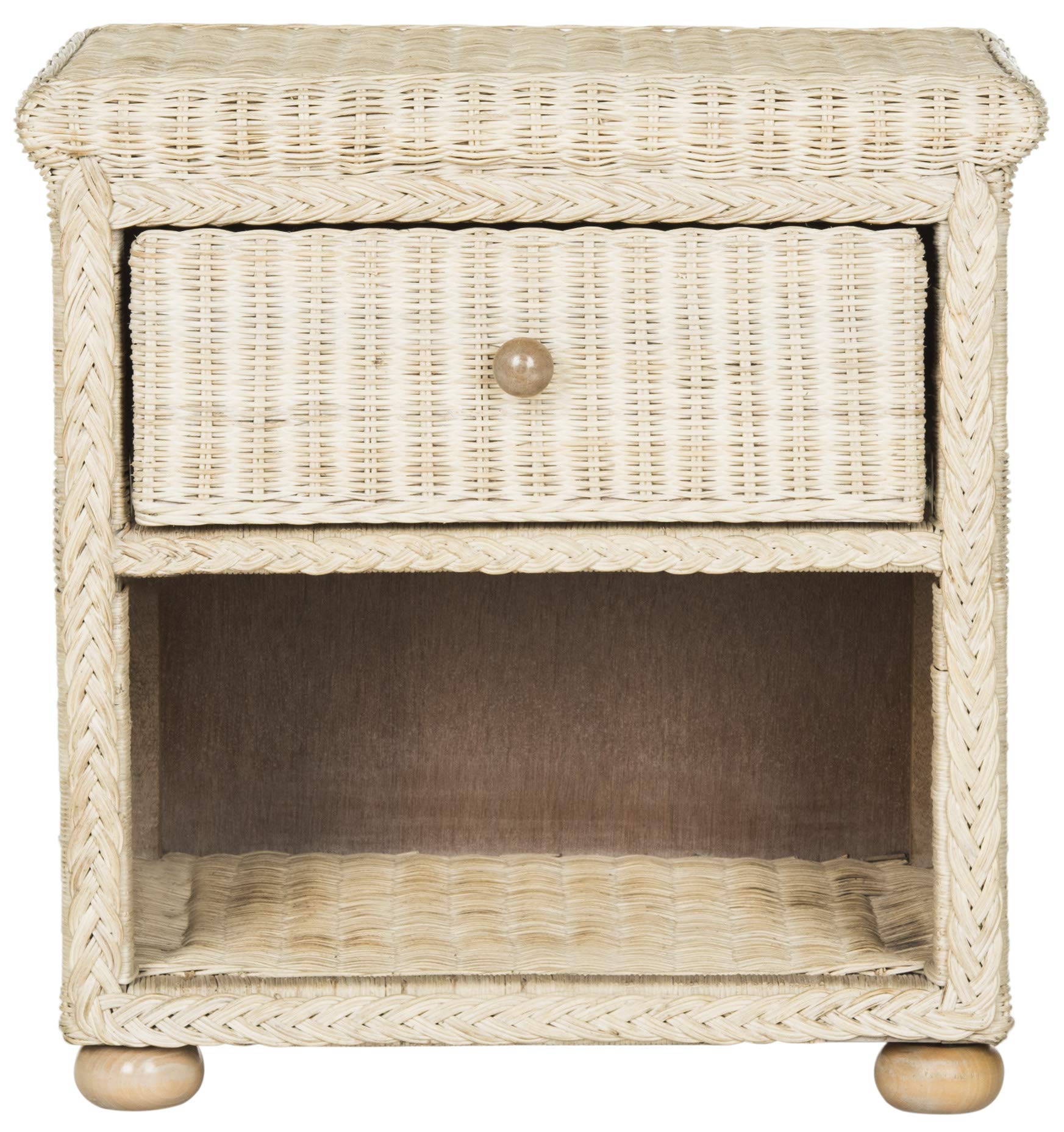 SAFAVIEH Home Collection - Adira Natural White Wash Wicker 1-Drawer Nightstand Accent Table, Coastal Boho Bedroom Storage Furniture with Shelf, 22.1"W x 16.5"D x 22.1"H (SEA8002A)