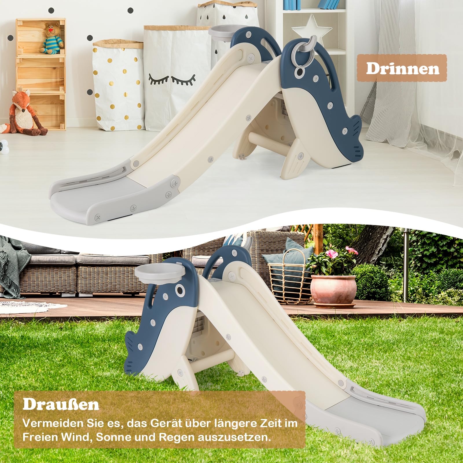 COSTWAY Kinder Rutsche, freistehendes Baby-Rutschespielset mit Basketballkorb, Ringwurf, Ball, Inflator & Ringen, Kinderrutsche Klappbar, Indoor & Outdoor Spielplatz für Kinder ab 3 Jahren