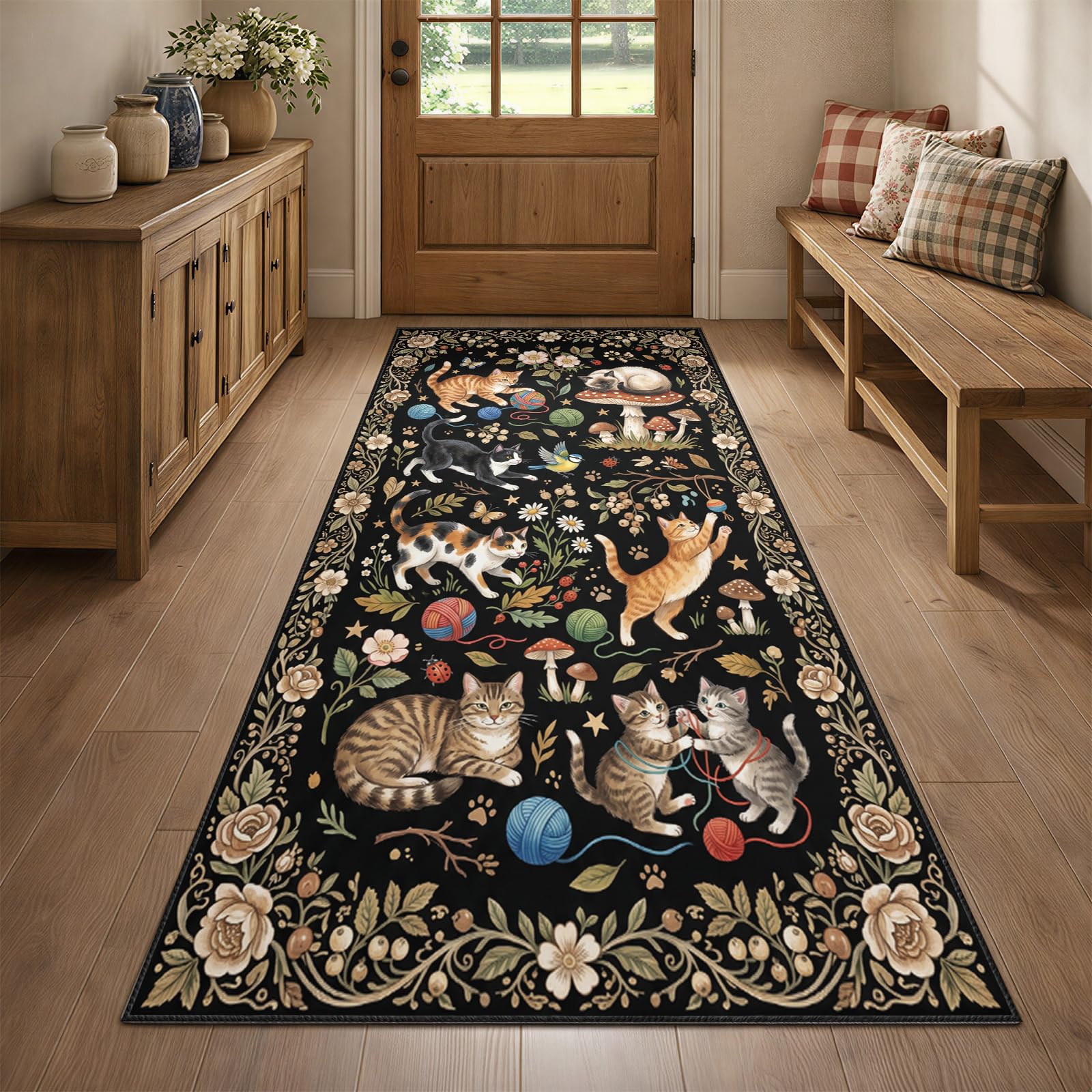YEMYOR Cat Runner Rug for Hallway, Floral Kitten Carpet Runner 80x200cm, Vintage Rustic Flower Long Area Rug Non-Slip, for Laundry Room Kids Bedroom