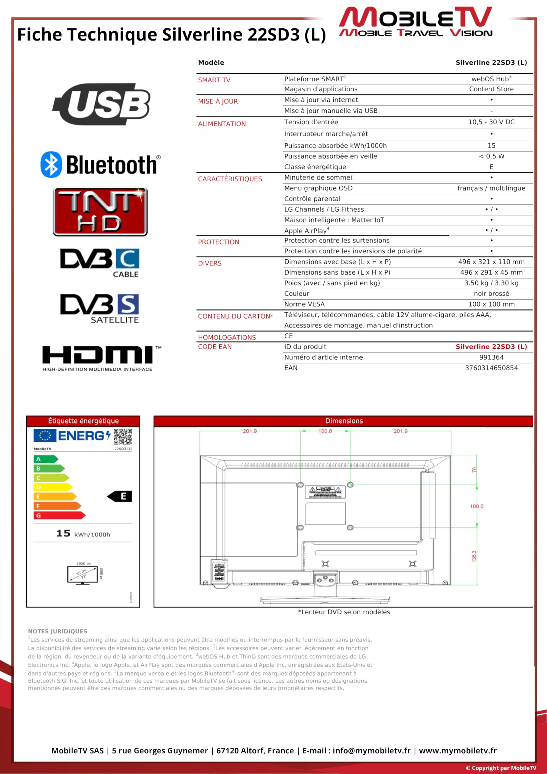 Smart WebOS 22'' SD3 (L) - 55 cm - 12V / 24 V / 230V - TV CONNECTE pour Camping Car/Caravanes/WiFi - Bluetooth - Lecteur DVD - Triple Tuner - Garantie 3 Ans