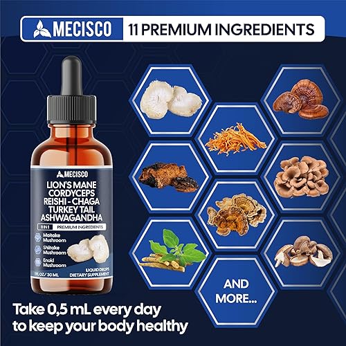 Miniatura 3 de Suplemento de gotas líquidas de hongos 11 en 1 con melena de leones Ashwagandha cola de pavo Cordyceps Reishi Chaga Shitake Maitake, Agaricus,