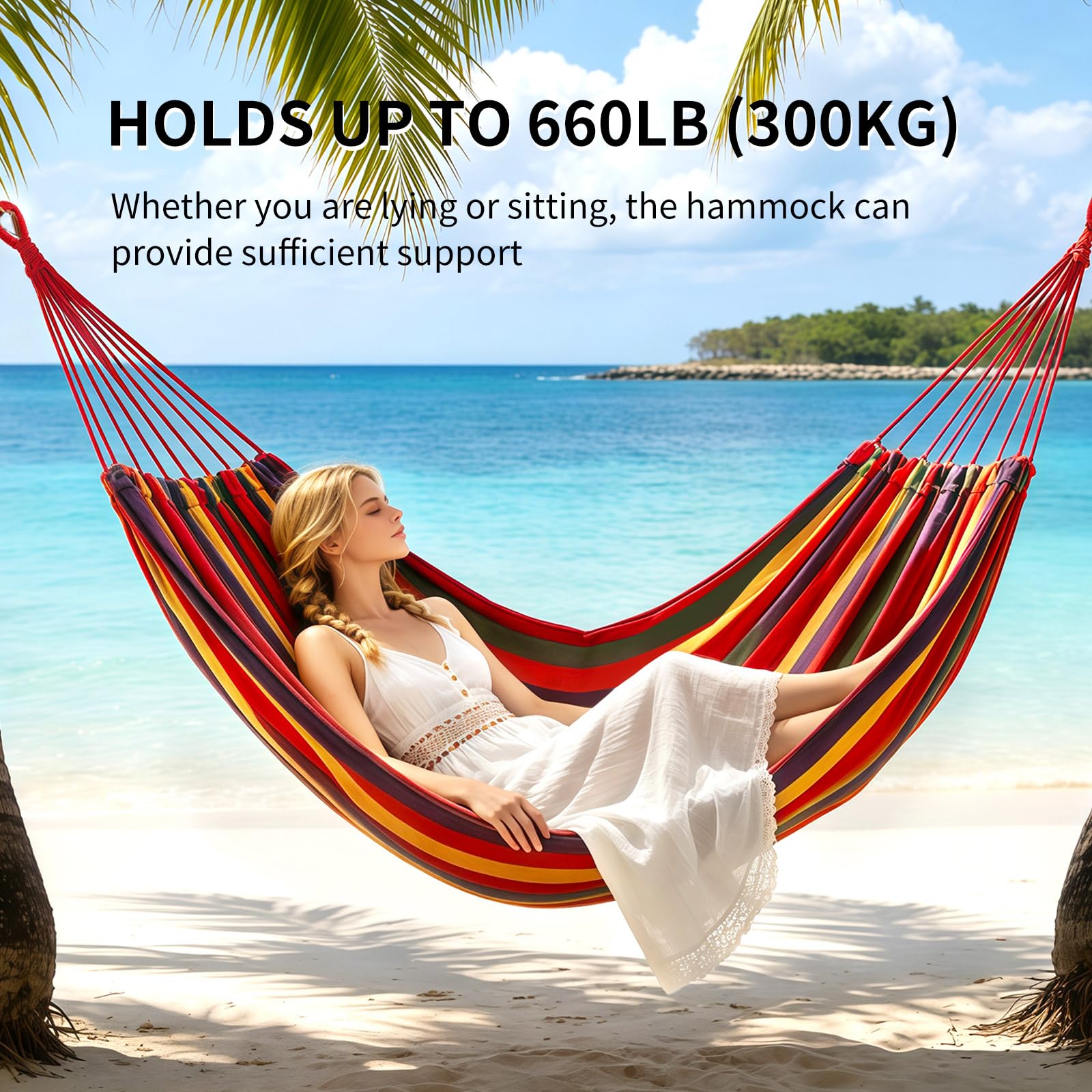 Hamaca de algodón, cómoda hamaca de tela con correas de árbol para viajes, patio, jardín, hamaca resistente colgante de hasta 660 libras, hamaca portátil con bolsa de viaje
