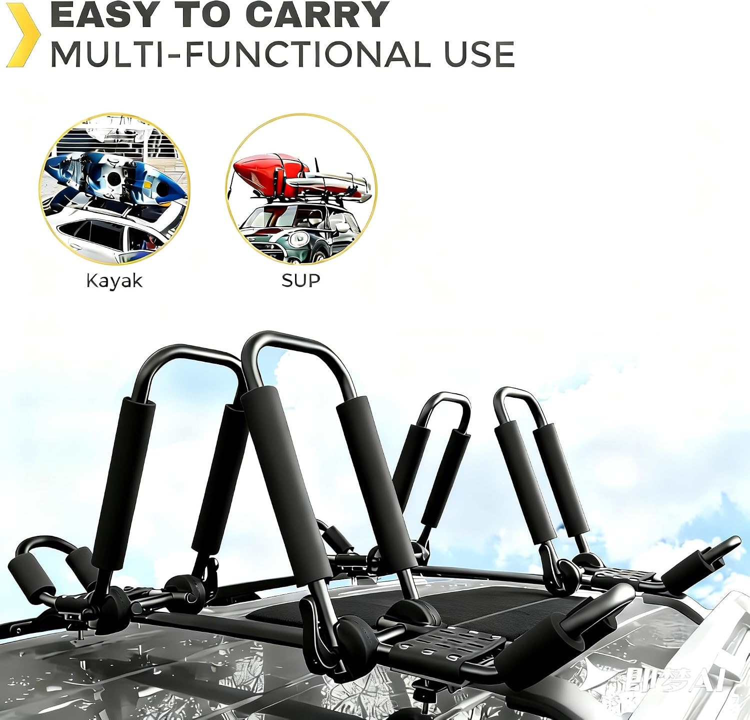 Kayak Roof Rack, Aluminum Kayak Carrier Folding J-Style Universal 3-in-1 Multifunction for Canoe, SUP, Kayaks, Surfboard Rooftop Mount on SUV, Car and Truck Crossbars image 2