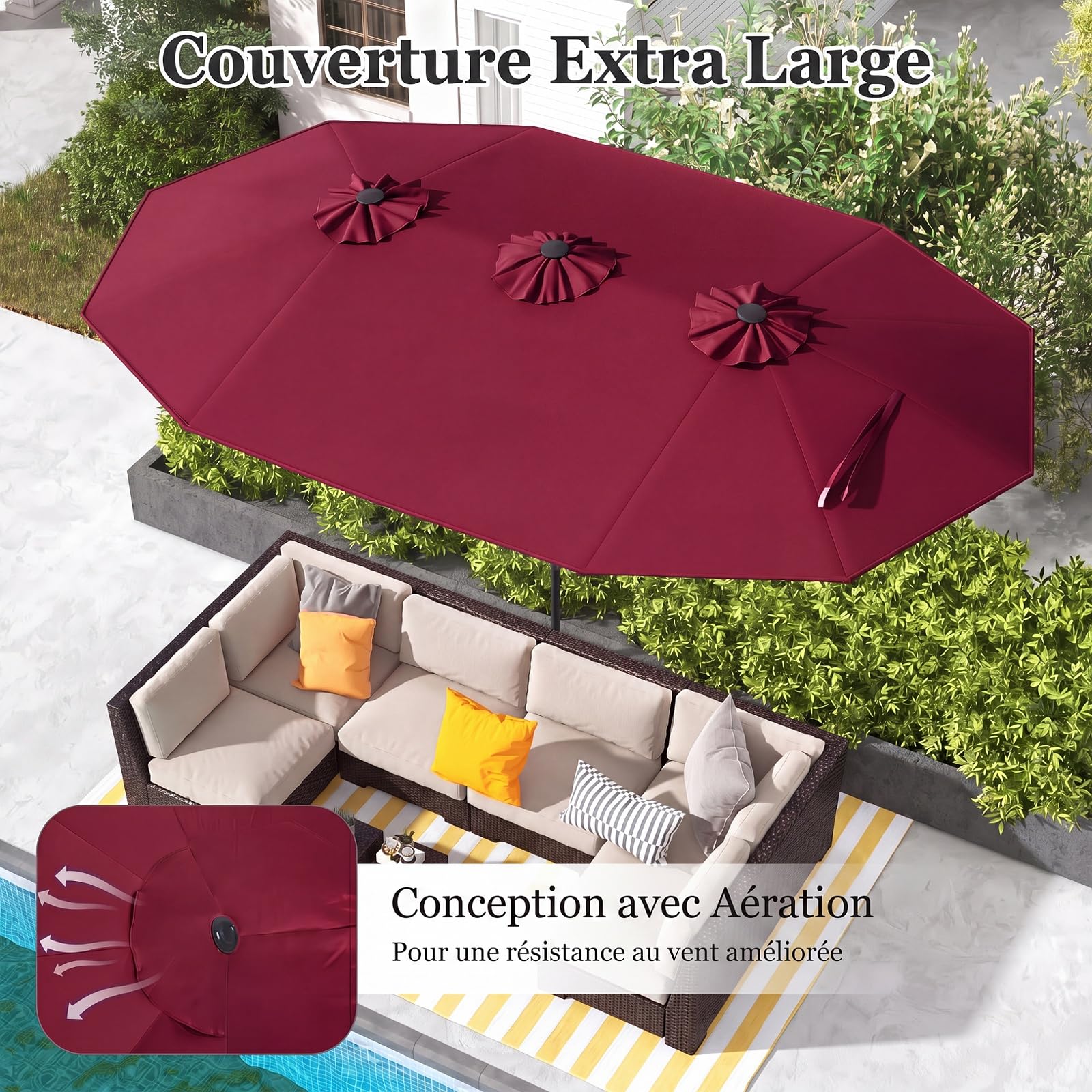 RELAX4LIFE Parasol de Jardin Extérieur 470X280 CM, Grand Parasol Double pour Jardin Terrasse Patio, Protection UV, Belaines Métalliques, Polyester Haute Densité, Manivelle, avec Attache (Bordeaux)