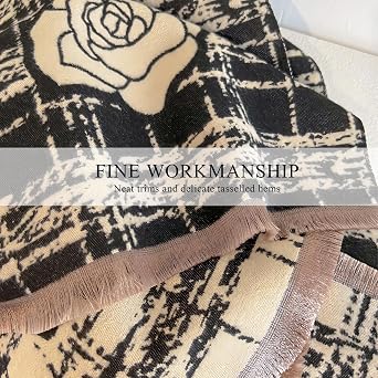 LumiSyne Winter Scarf Women Pashmina Shawls And Wraps Romantic Checked Camellia Pattern Reversible Scarf With Tassel