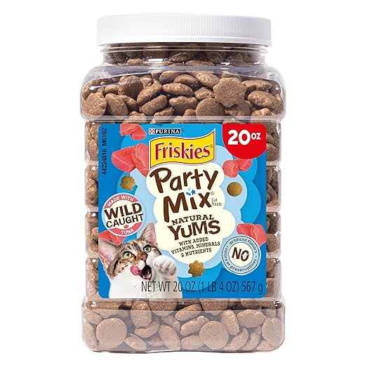 Purina Friskies Natural Cat Treats, Party Mix Natural Yums With Wild Caught Tuna and Added Vitamins, Minerals and Nutrients - 20 oz. Canister