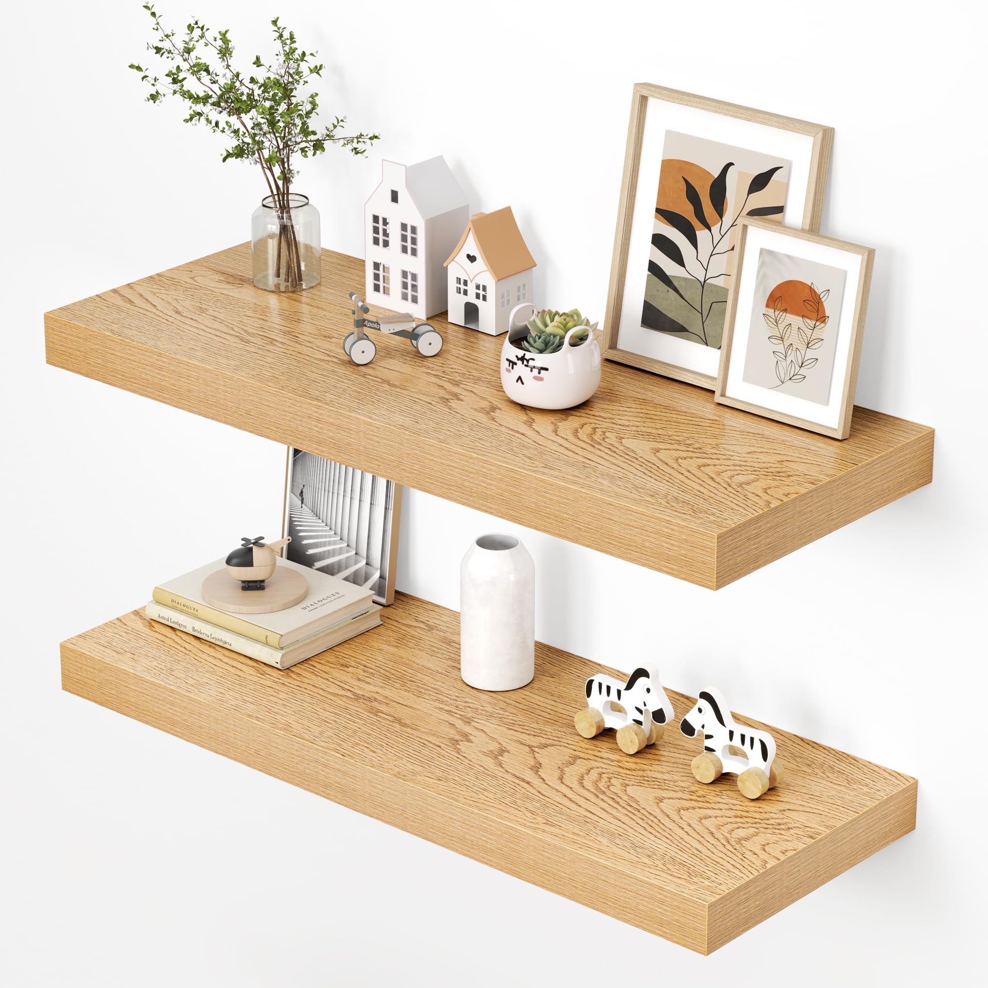 Dreamland 36" Floating Shelves for Wall, 12" Deep Thicker Oak Floating Shelves, Wall-Mounted Shelves for Bedroom, Living Room, Kitchen, Bathroom - Set of 2
