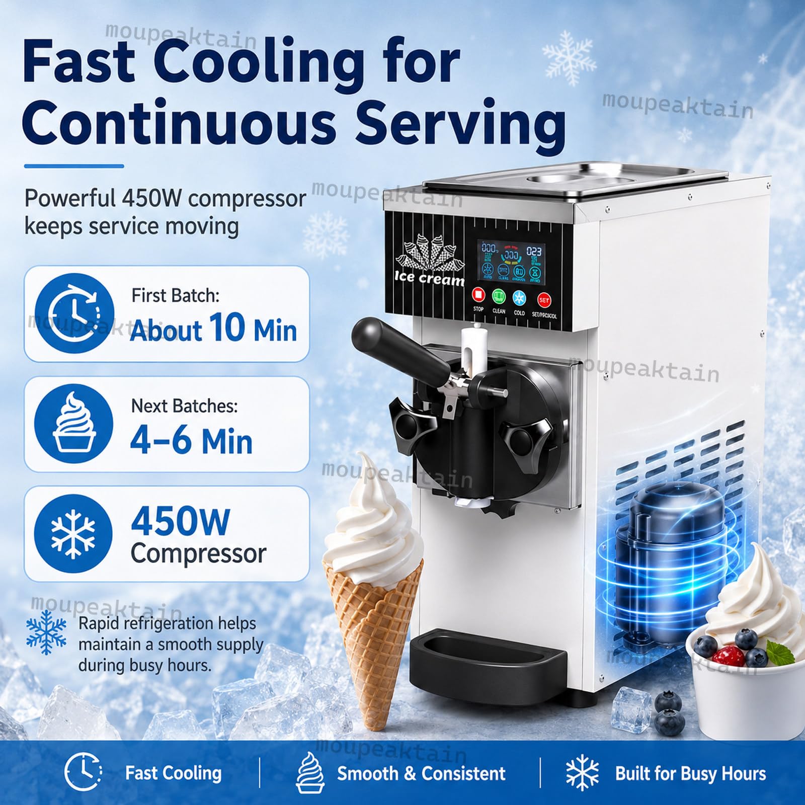 Machine à Glace Italienne 1 Parfum, 4-5l/H avec Cuve 2,5l, Pré-Refroidissement Et Nettoyage Automatique, Turbine à Glace Soft Compacte pour Desserts, Cafés, Bars Et Réunions De Famille C