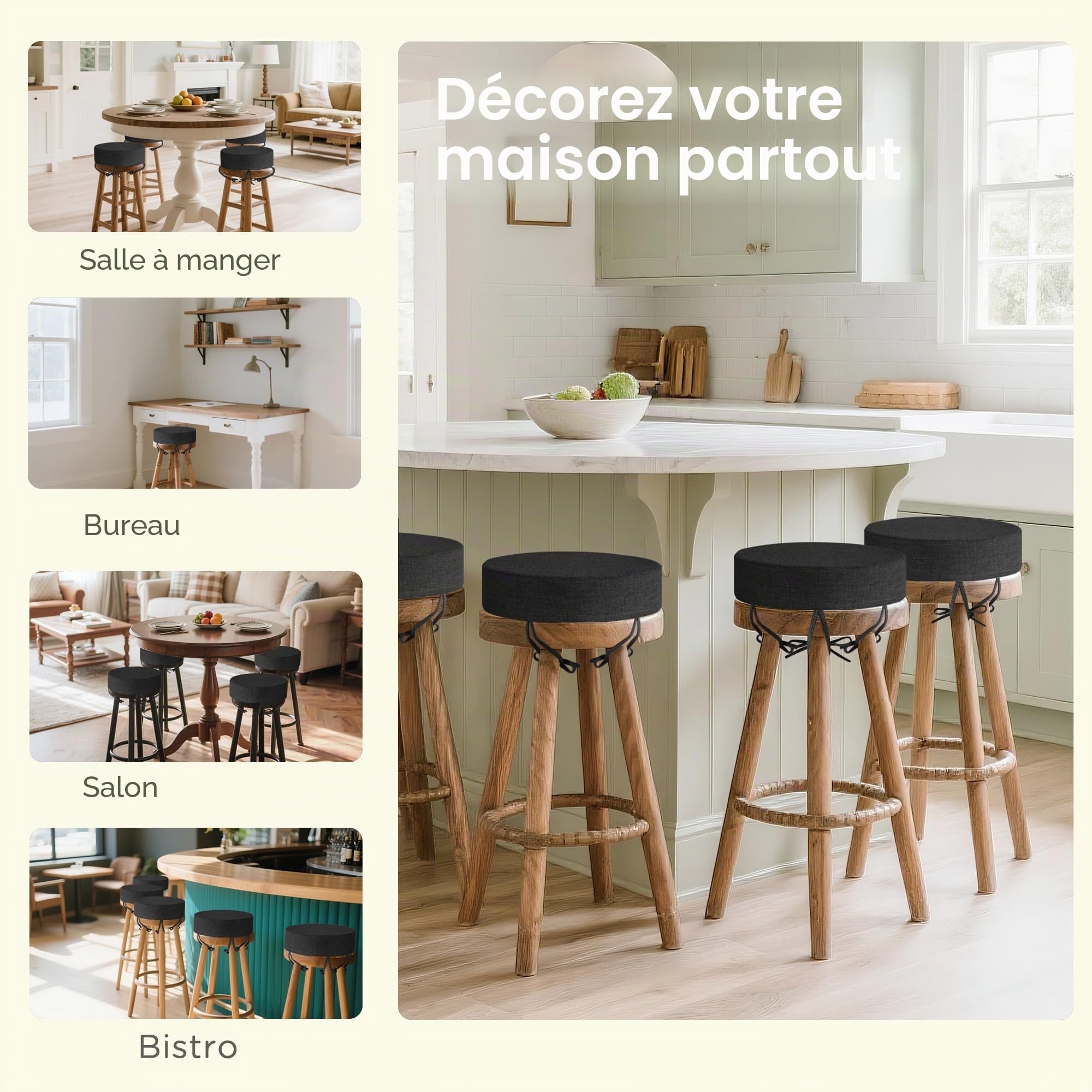 Lot de 4 coussins de tabouret de bar ronds de 7,6 cm d'épaisseur pour chaises, de bistrot antidérapants avec housse lavable en machine (30,5 cm, noir)
