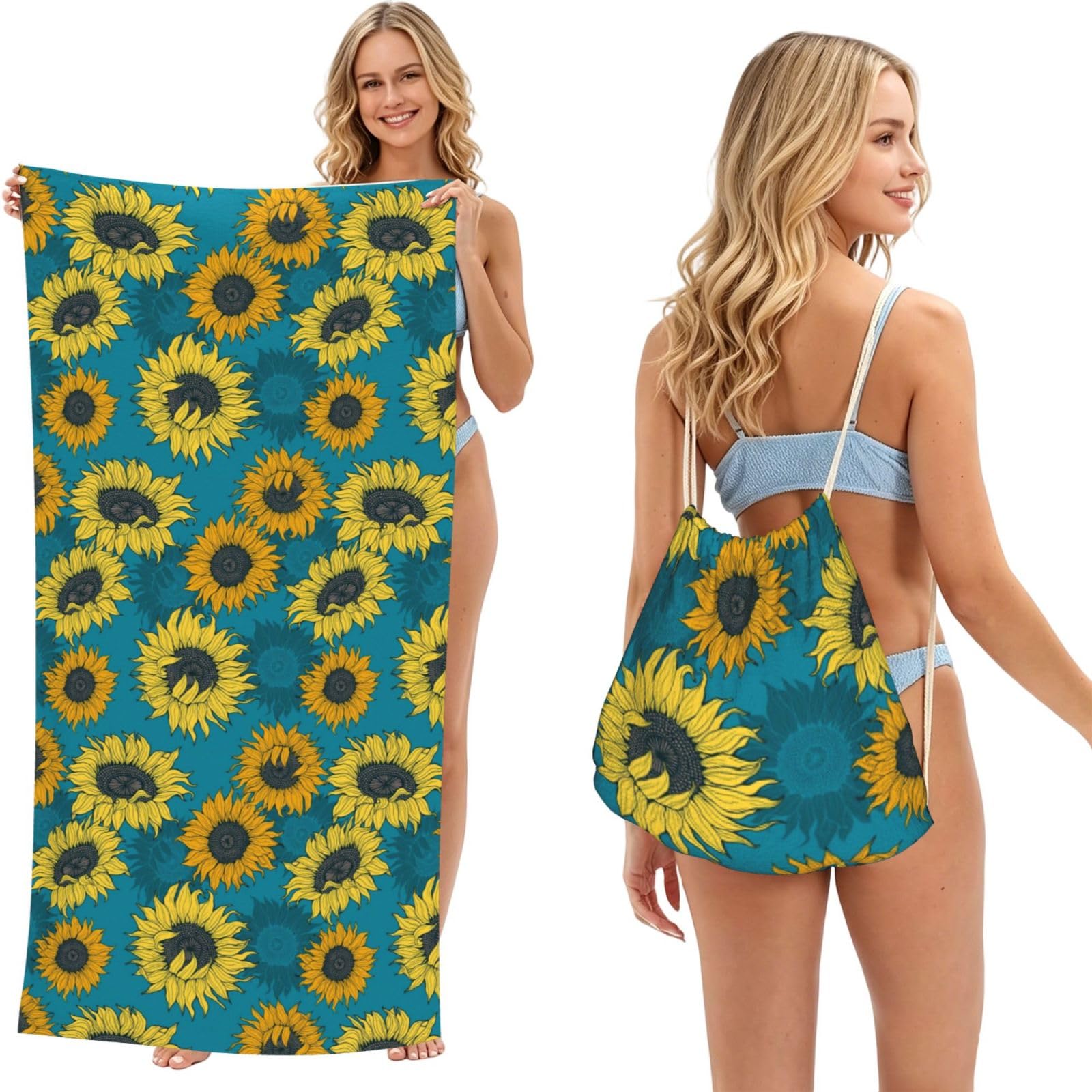 Poadnly As Picture Yellow Sunflowers On A Blue Background, 2 In 1 Packable Towel Bag, Beach Towels With Drawstring Backpack For Travel Holiday Camping