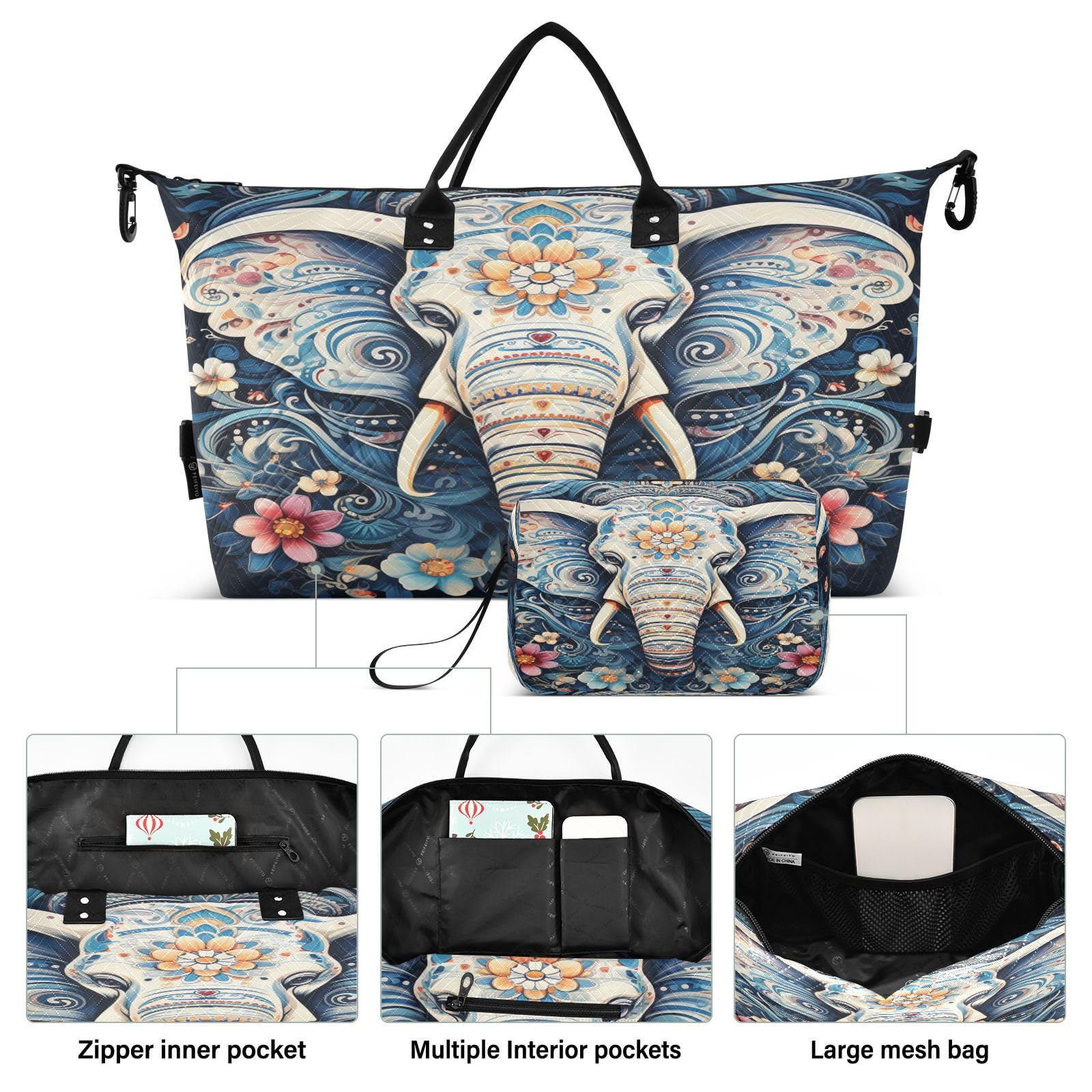 Floral Pattern Elephant Sports Swim Gym Bag Weekender Duffel Travel Bags Handbag with Makeup Storage Bag for Girls Men