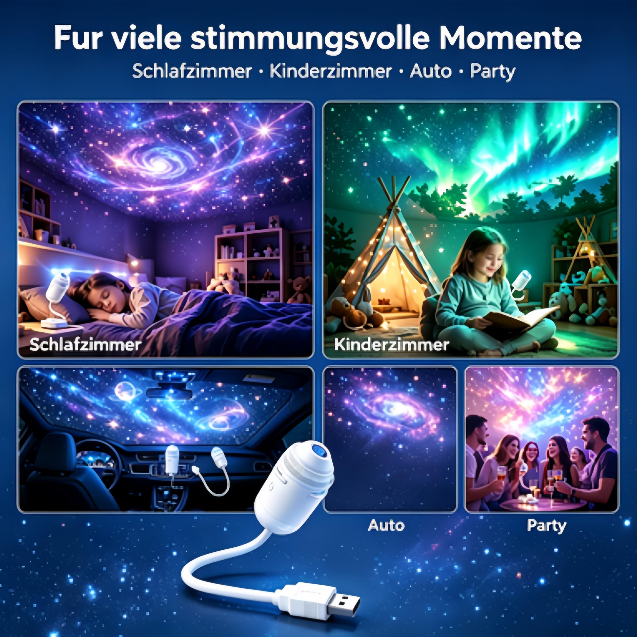 JXpxbao comauo USB Sternenhimmel-Projektor-Nachtlicht, hochauflösender Sternenhimmel-Projektor, geeignet für Schlafzimmerdecken und Autodächer. (Mit 12 Filmen)