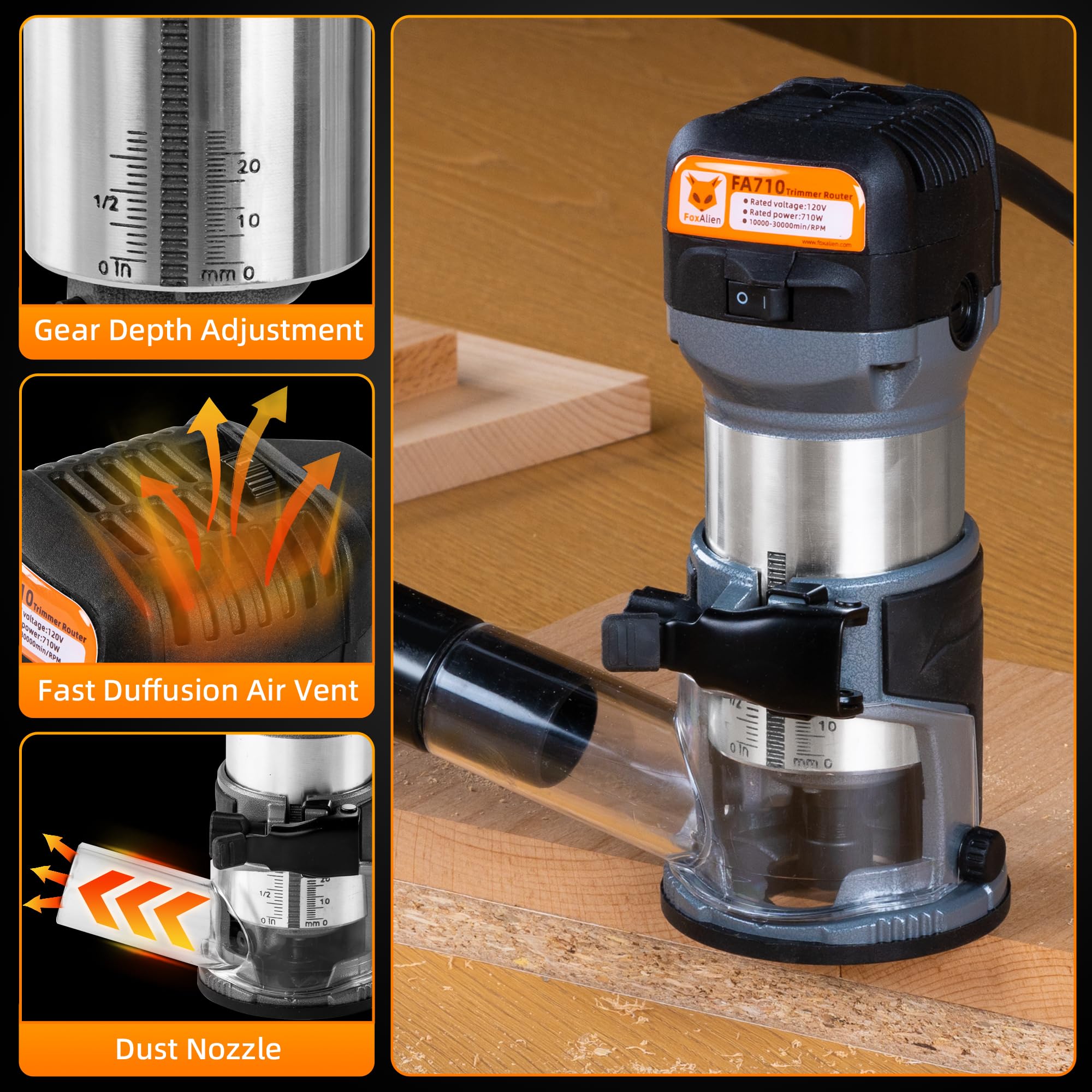 FoxAlien 1 HP 710 W 65 mm de diámetro compacto router de palma para fresadora CNC, 6 velocidades variables Max 30000 R/MIN recortadora de madera con colección de 1/4 pulgadas