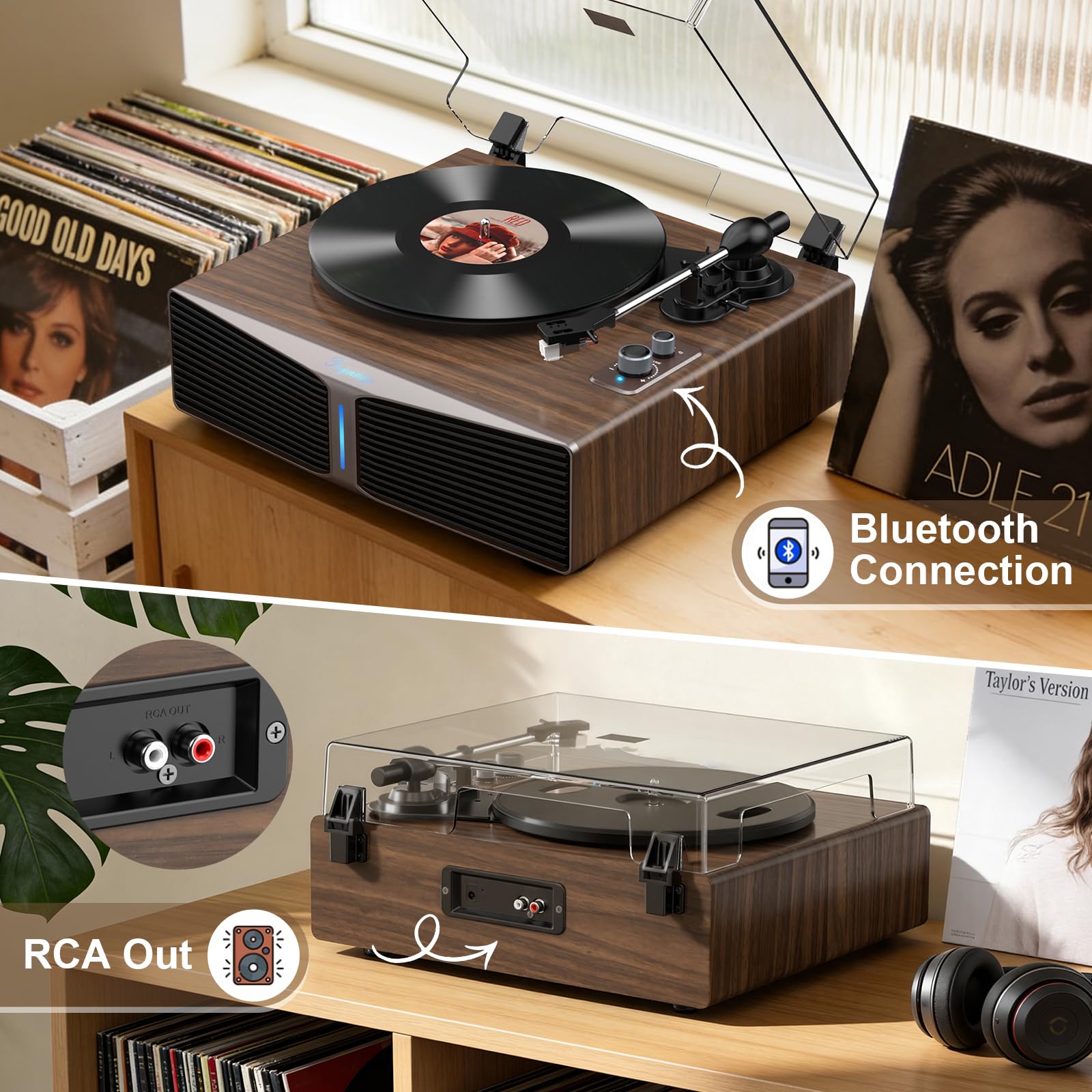Platine Vinyle avec Haut-parleurs intégrés, Platine Bluetooth avec Haut-parleurs intégrés, contrepoids réglable, AT-3600L, 33/45 Tours/Minute, Barre Lumineuse à luminosité réglable, Brun