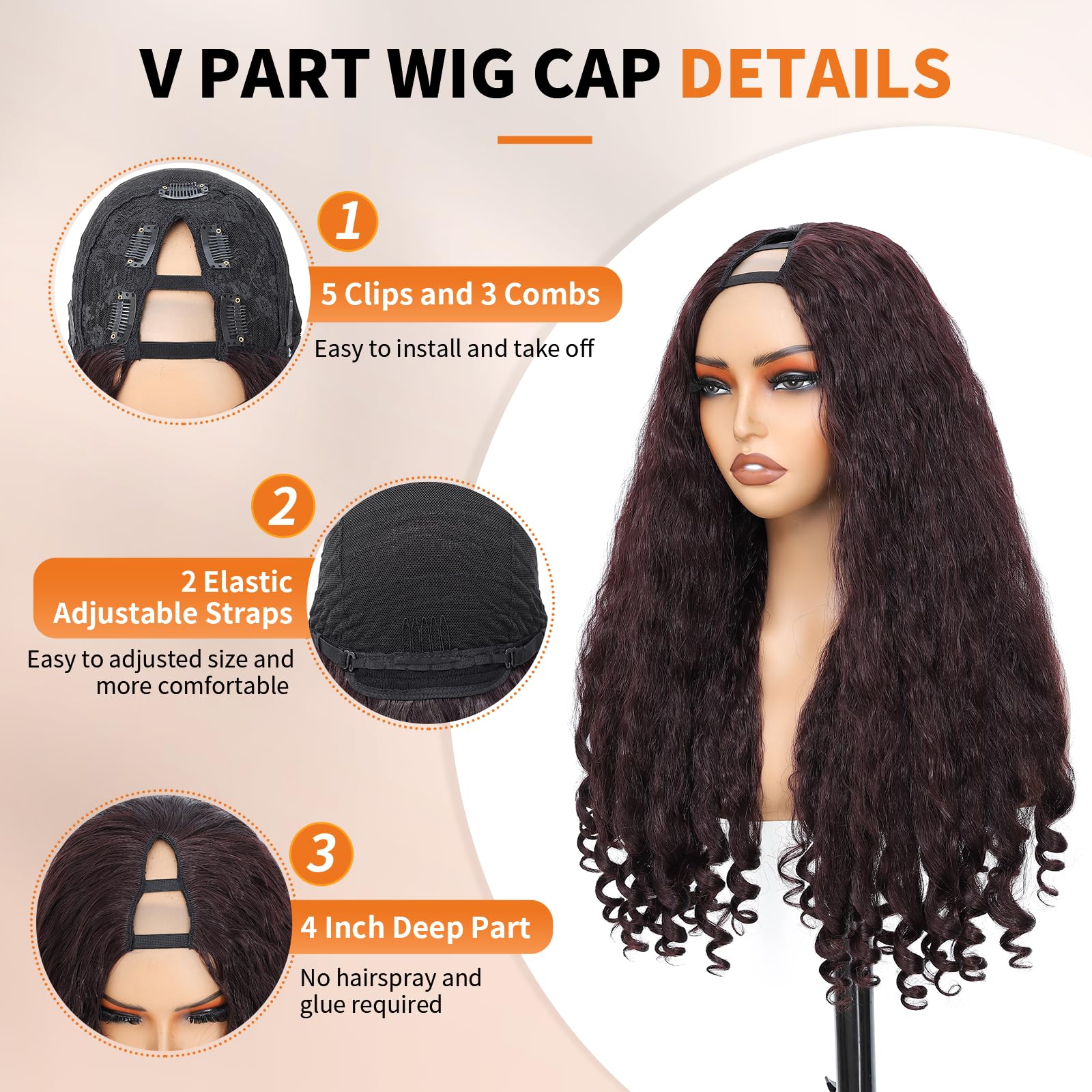 Yacurcur Afro Wig V Part Kinky Curly Wigs for Black Women 180% Density Wear and Go Glueless Wig with Unique Bouncy Curls in the End Synthetic Burgundy Red No Leave out Clip in 24 Inch(#99J) - Image 3