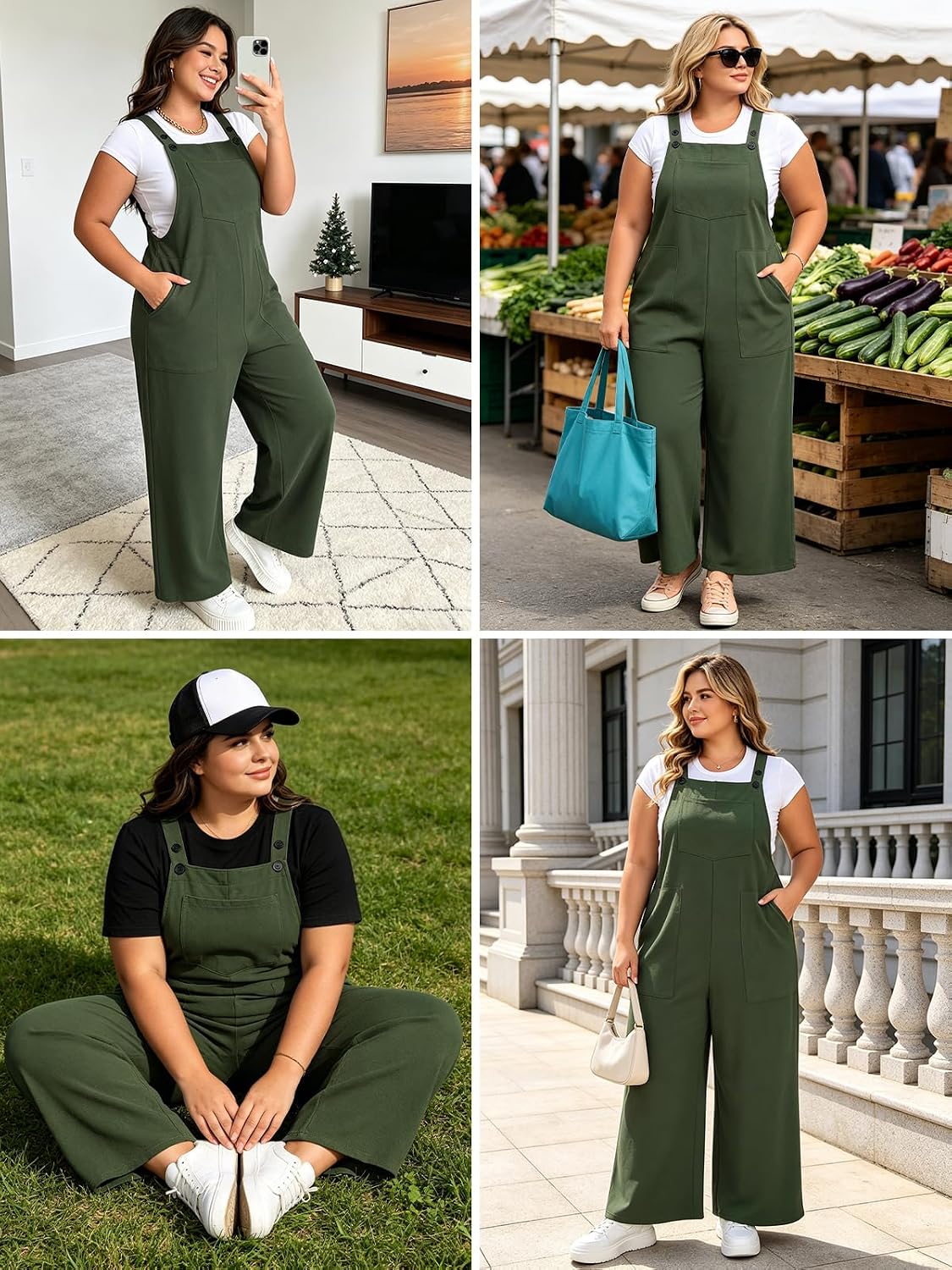 Moon Wood Plus Size Overalls for Women Loose Fit Adjustable Straps Jumpsuits with Pockets Bib Rompers Spring Summer