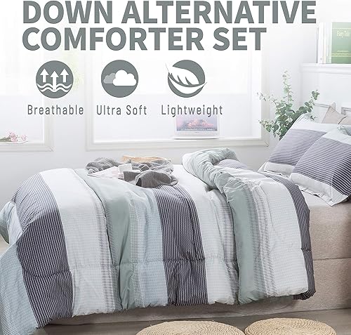 Miniatura 3 de Andency - Juego de edredón de rayas de microfibra suave con bucles en las esquinas