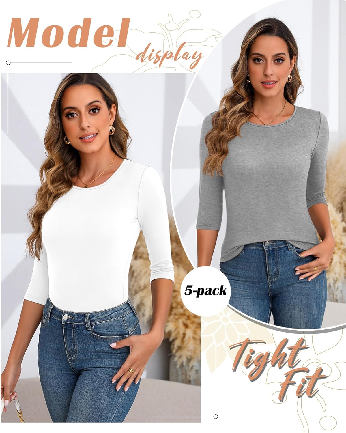 Huukeay 5 Pack Women's Elbow Sleeve Tops 3/4 Sleeve Round Neck T-Shirt Slim Fit Casual Stretchy Tunic Basic Tees Bulk - Image 4