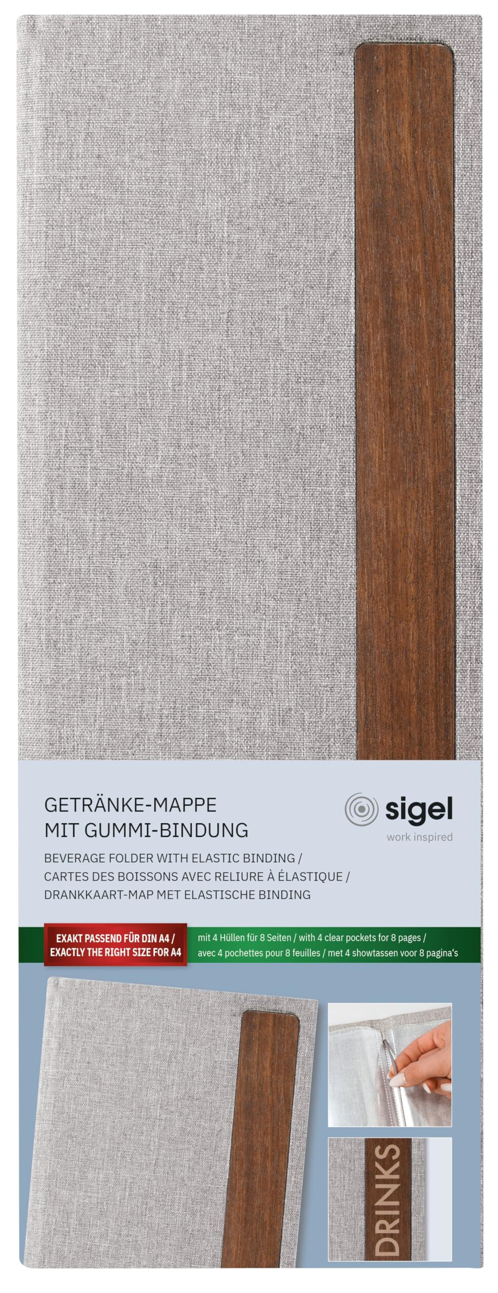 SIGEL GM221/5 teczka na napoje "Drinks" z gumowym wiązaniem, 1/2 A4, 5 sztuk, wytrzymała i wodoodporna okładka, ciemnoszara/beżowa struktura lnu, tworzywo sztuczne i bambus, do kawiarni, baru