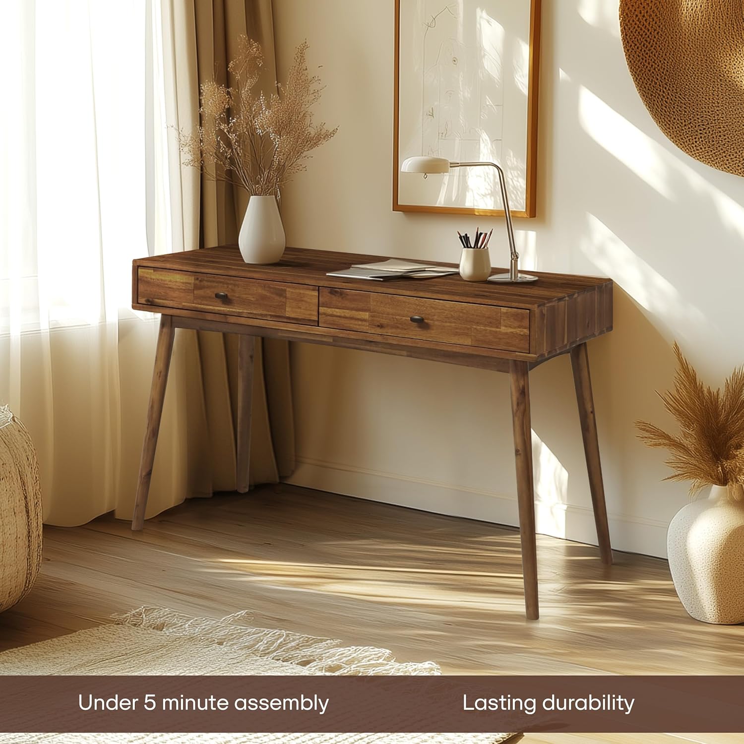 Acacia Lagom 48" Solid Wood Work Desk with Drawers, Home Office Desk Office Furniture, Work Table for Home Office, Scandinavian Style Wood Work Desk for Home Office, Walnut