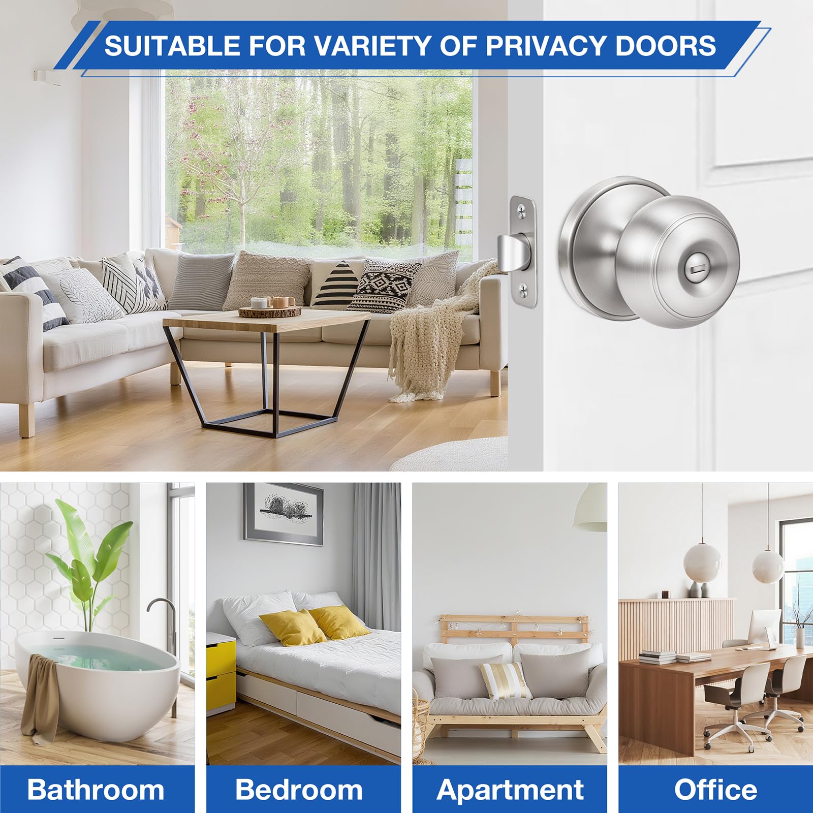 Plustool 10 Pack Brushed Nickel Door Knobs,Privacy Door Knob with Lock, Interior Doorknobs Silver, Keyless Door Locks Set for Bedrooms Bathrooms, Reversible for Left/Right Door Handle — Amazon image 4