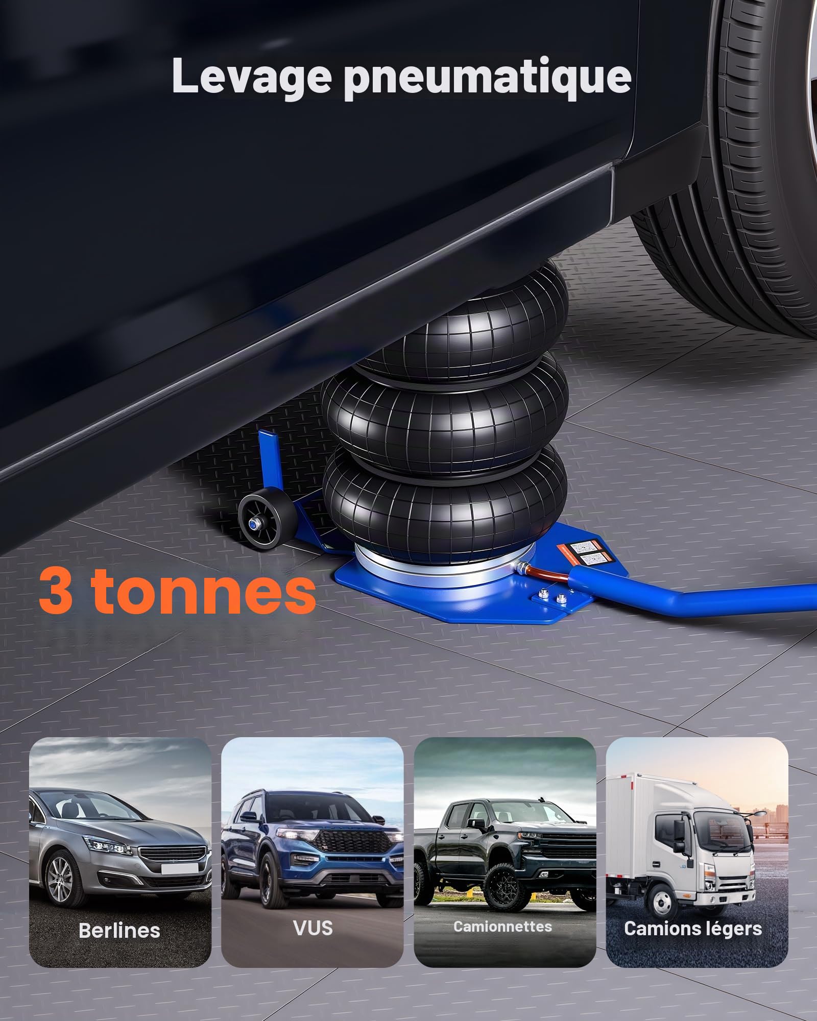 VEVOR Cric Pneumatique 3 T Plage 140-450 mm, Cric de Levage Pneumatique à Triple Coussin d'air et Six Tubes en Acier, Levage Rapide, Poignée Longue, pour Réparation Voiture SUV Atelier Garage