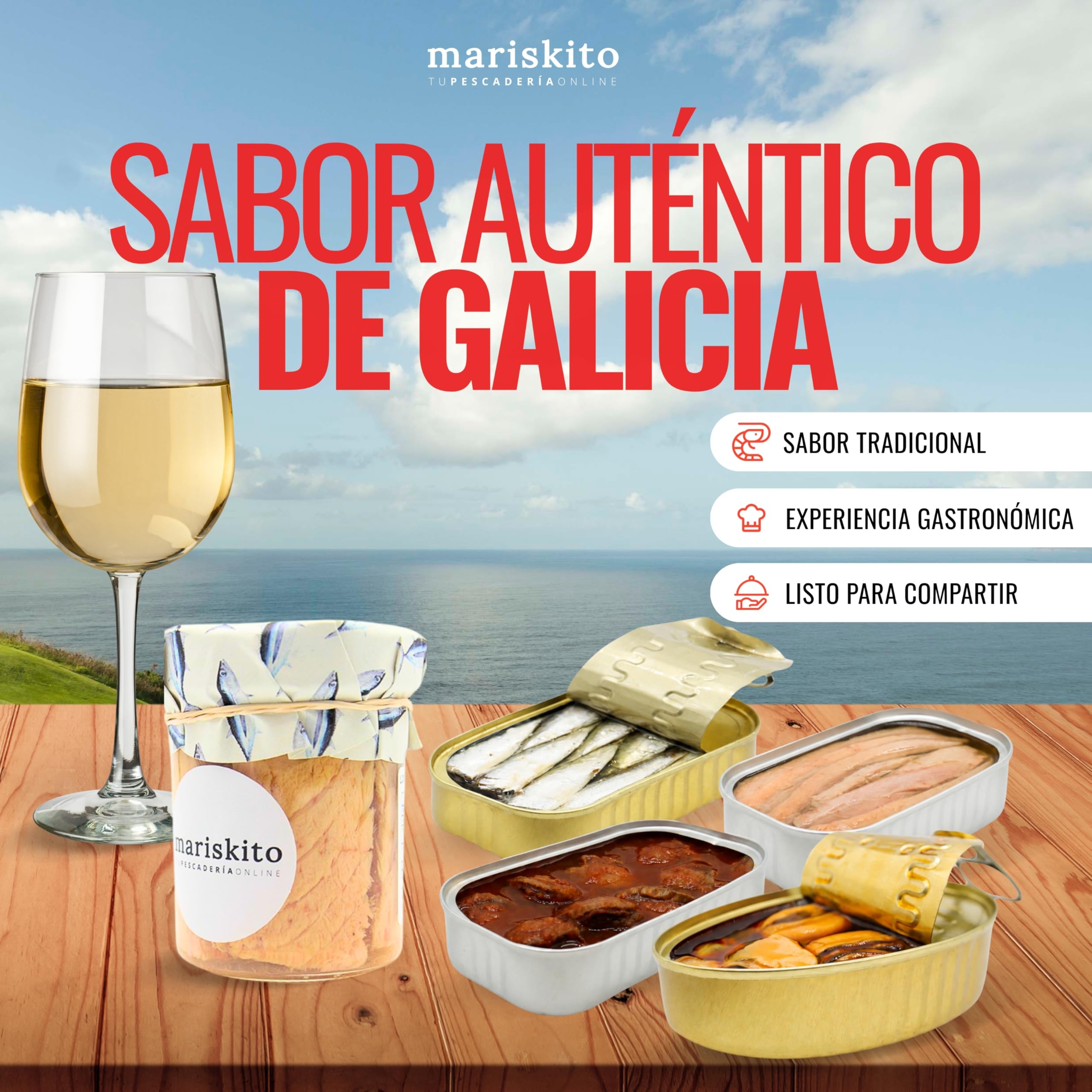 MARISKITO | Caja Regalo Gourmet - Vino Godello y 5 Conservas Gallegas – Pack Delicatessen con Mejillones, Sardinillas, Zamburiñas, Bonito y Ventresca de Atún – Lote Navidad, Empresas y Celebraciones