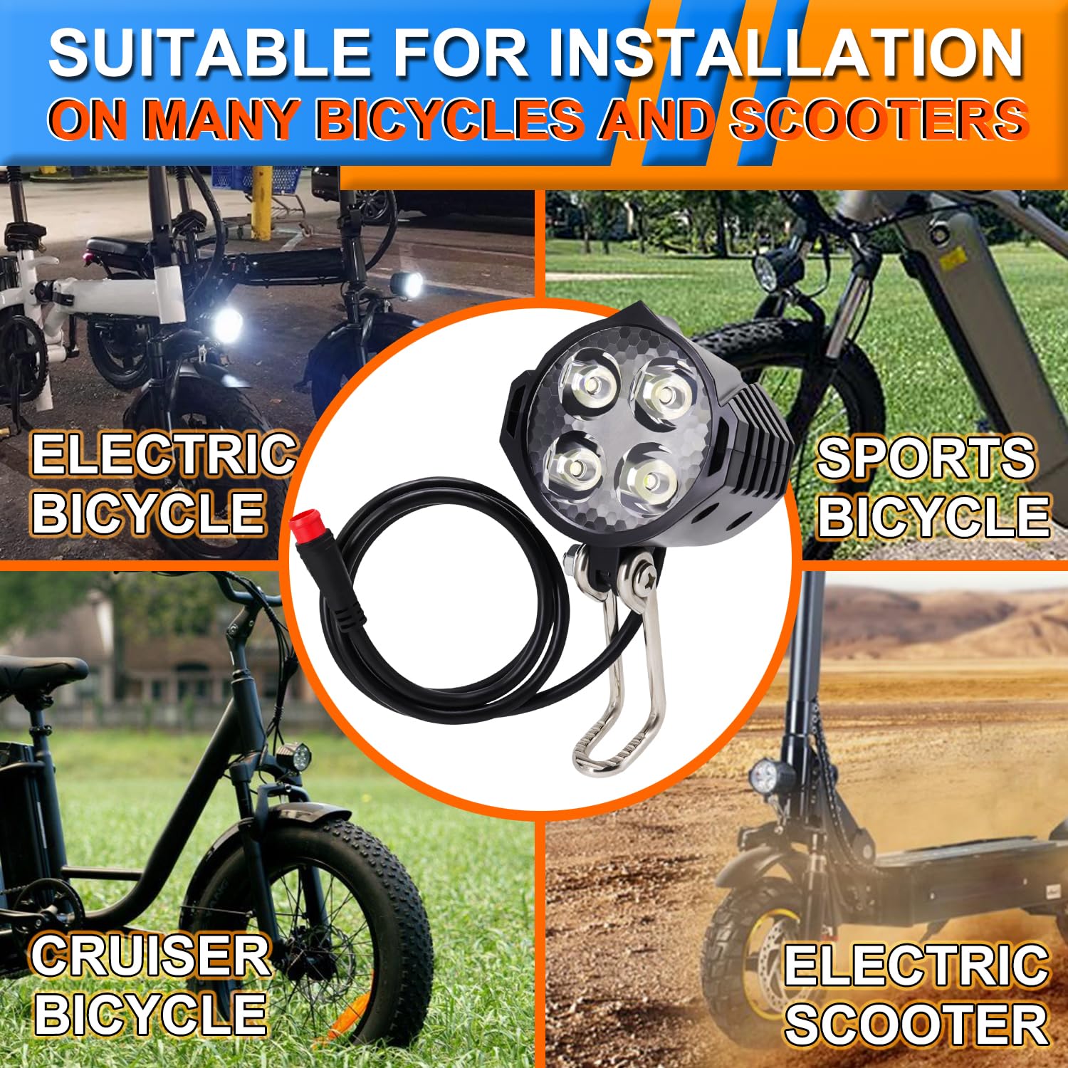 Fanale anteriore per e-bike 48V 36V, compatibile 12V-60V, faro elettrico per bici con connettore impermeabile a 2 pin