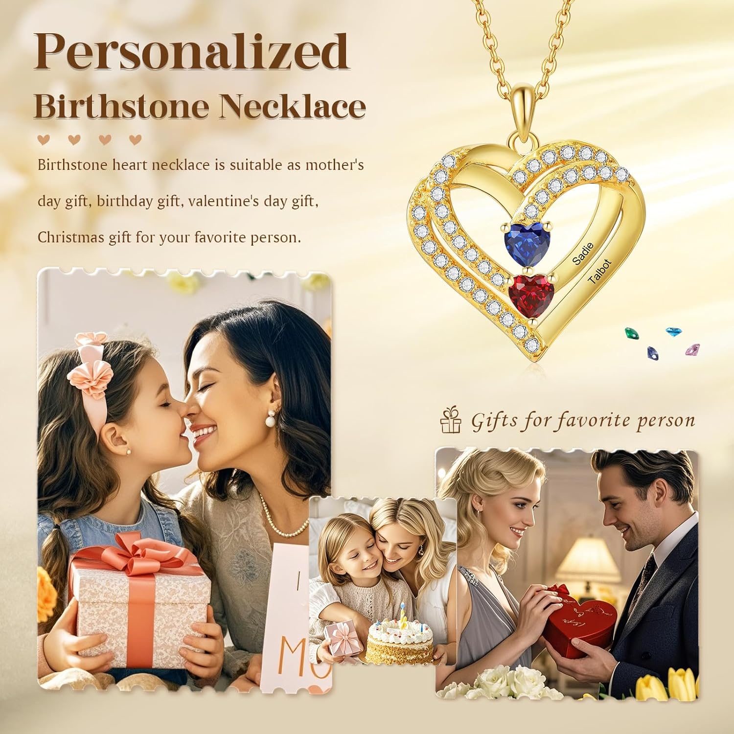 Jeweidea Personalized Birthstone Name Necklace for Women - Custom Heart Pendant Christmas Jewelry Gift for Mom, Wife, Grandma