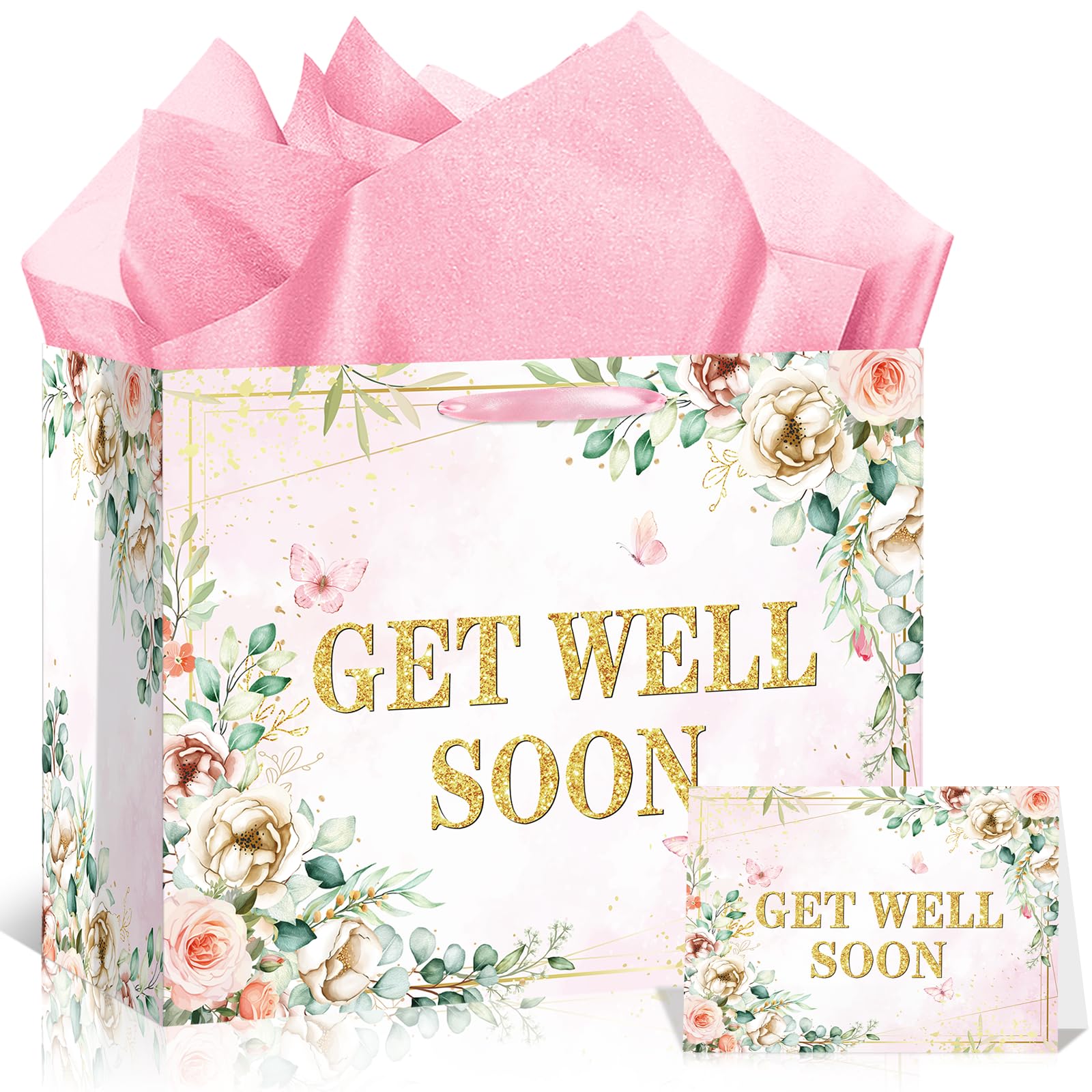 Large Get Well Soon Paper Gift Bag for Women Men Pink and White Flowers Thinking of You Gift Bag with Wrapping Tissue Paper and Card After Surgery Encouragement Cheer up Gift for Sick Friend