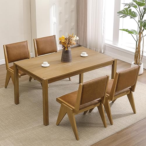 Miniatura 5 de VESCASA Sillas de comedor tapizadas con patas de madera marrón claro, de piel sintética, modernas de mediados de siglo, acolchadas de poliuretano