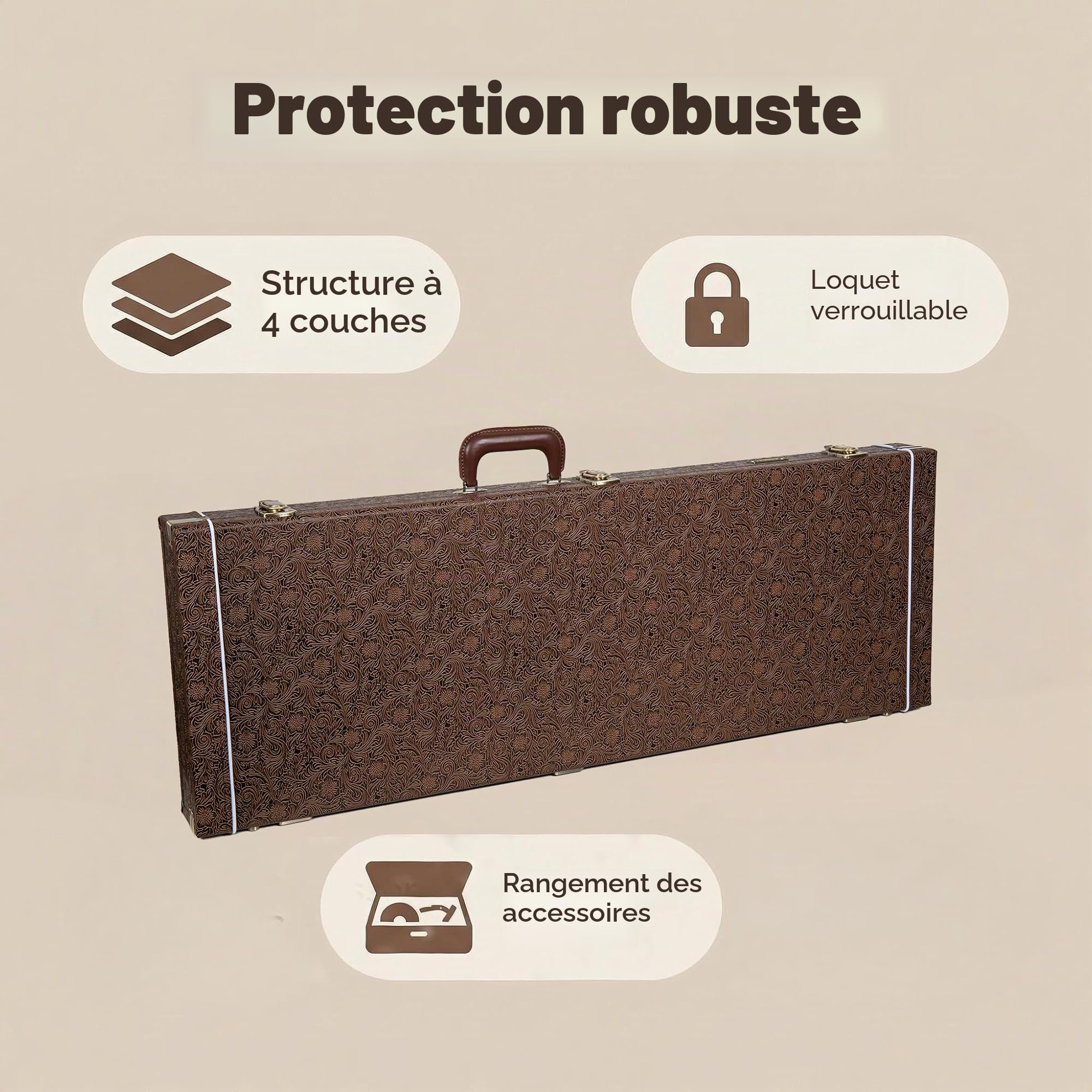 Crossrock étui rectangulaire en Bois pour Guitare électrique Jazzmaster & Jaguar, Blossom Brown en Similicuir, Doublure en Velours Vert forêt, Serrure — Designer Series CRW530JMBQ
