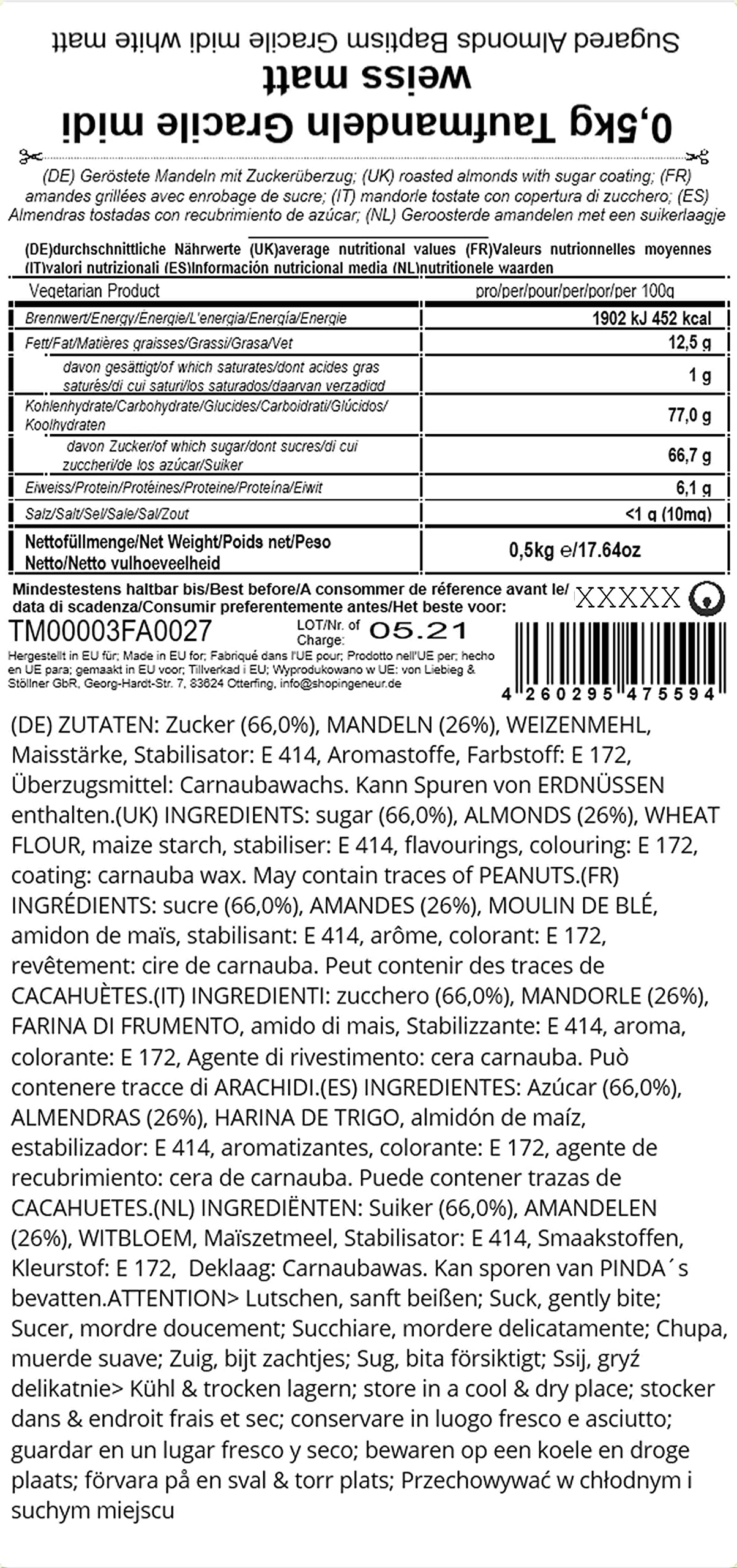 EinsSein 0,5kg Peladillas de almendras bautizo Gracile midi blanco mate peladilla almendra boda bautizos grageas comunion comunión niño baratas confeti Fiesta cumpleaños chocolate Evento