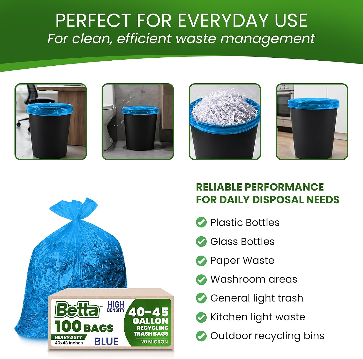 Betta 40-45 Gallon Blue Recycling High-Density Trash Bags, 100 Count Box, (40x48-inch) Commercial Medium-Duty Garbage Can Liners