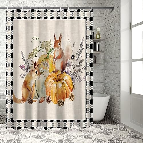 Miniatura 7 de Cortina de ducha a cuadros de búfalo negro calabaza para baño, cortinas de baño con girasoles y ardillas con ganchos, tela de poliéster impermeable,