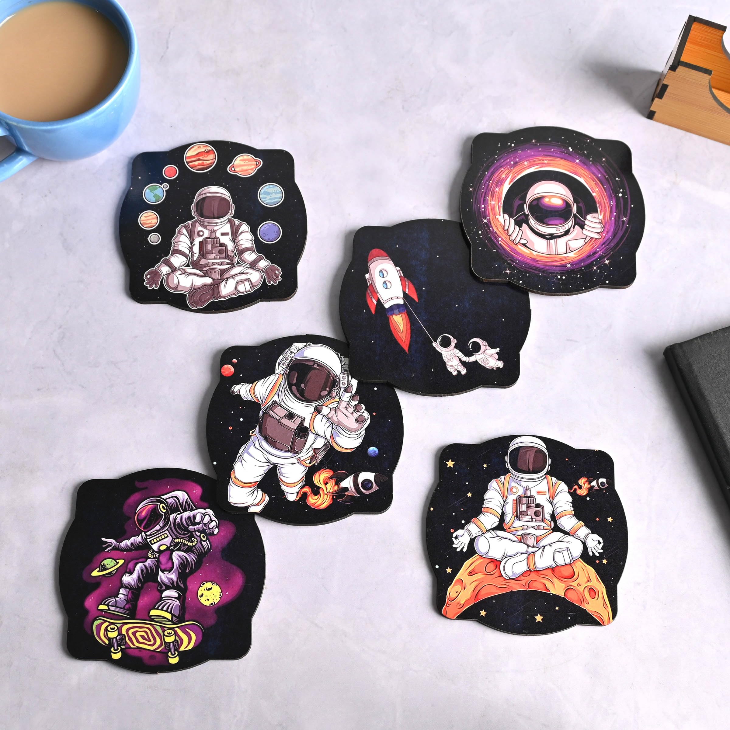 GKD Coaster Set of 6 Astronaut Theme Design Wooden Coasters to Serve Tea Cups, Coffee Mugs and Glasses (3.5 x 3.5 inch) (Square) (Ecofriendly)