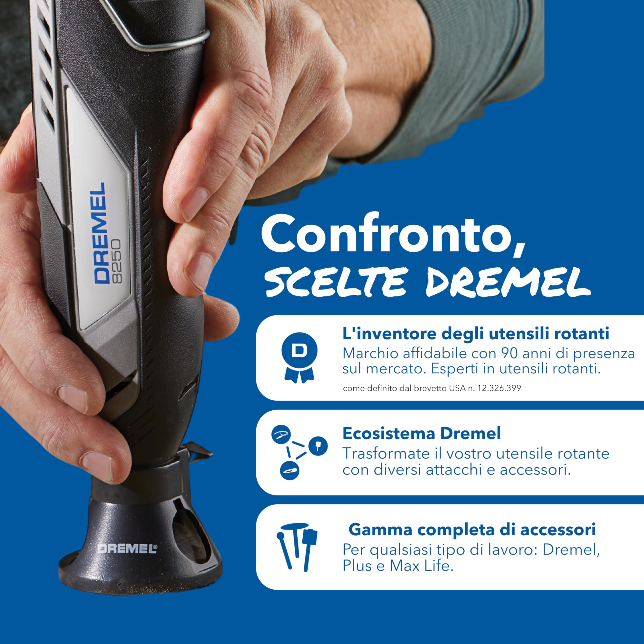 Dremel 8250 Multifunzione Rotativo Senza Fili 12V Brushless 5.000-30.000 giri/min con Dremel Box, 65 Accessori, 5 Accessori Aggiuntivi, 2 Batterie+Caricabatterie per Smerigliatura, Foratura, Fresatura