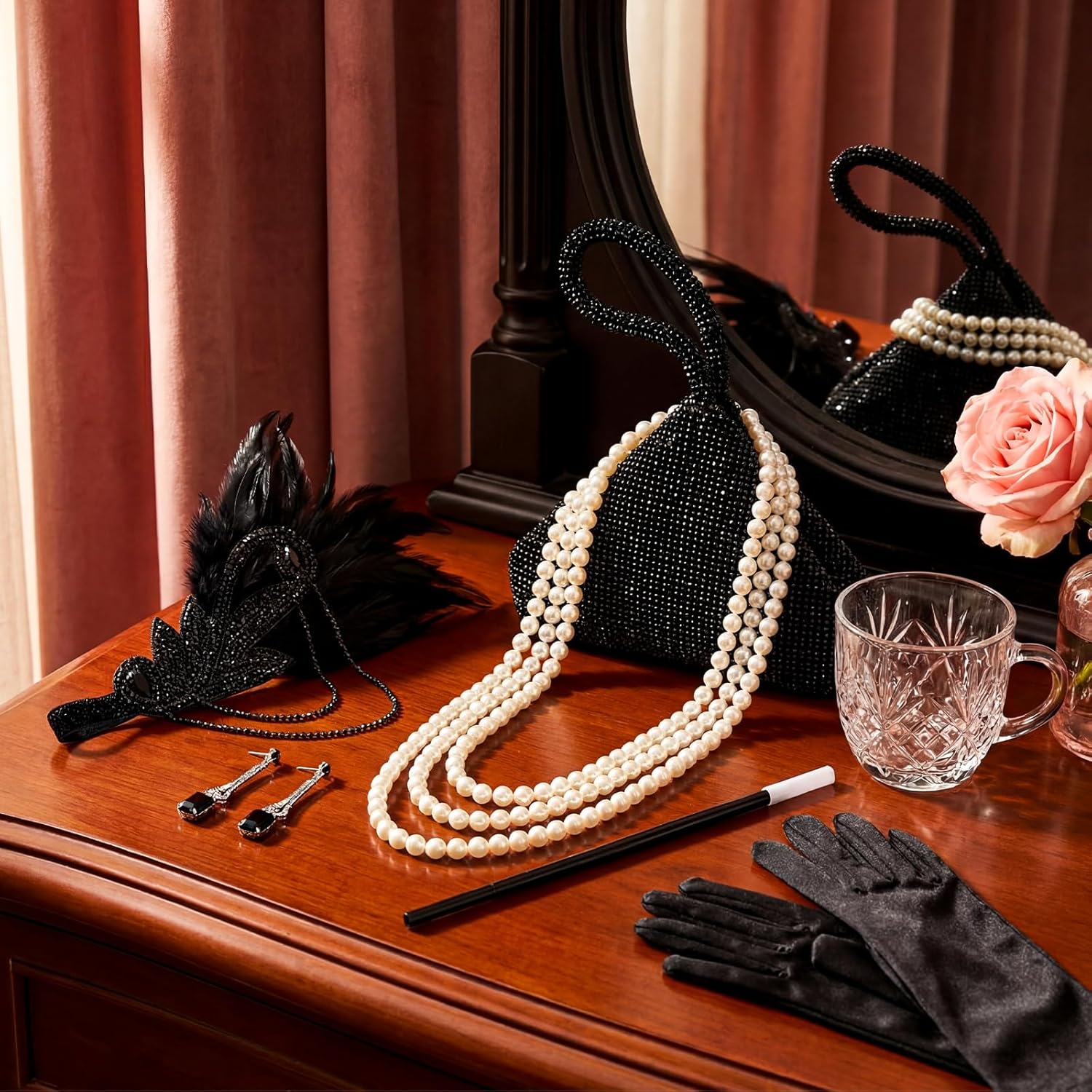 Estune 7 Pcs 1920s Flapper Accessories for Women Headpiece Fur Shawl Clutch Earrings Necklace Gloves Holder Roaring Costume