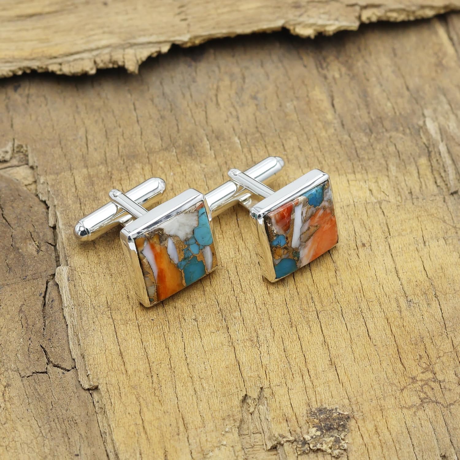 Spine Oyster/Blue Copper Turquoise Cufflinks for Men – Natural Gemstone in 925 Silver, Groom Wedding Jewelry Gift