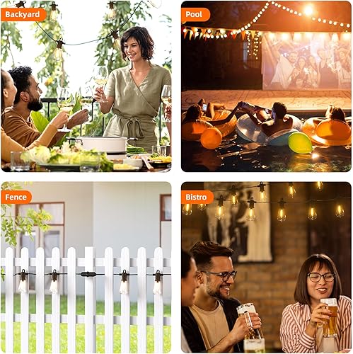 Miniatura 9 de Kawaya Tira de luces LED para exteriores de 100 pies con 50+2 bombillas Edison vintage inastillables, 2700 K, regulables, IP65, impermeables, para