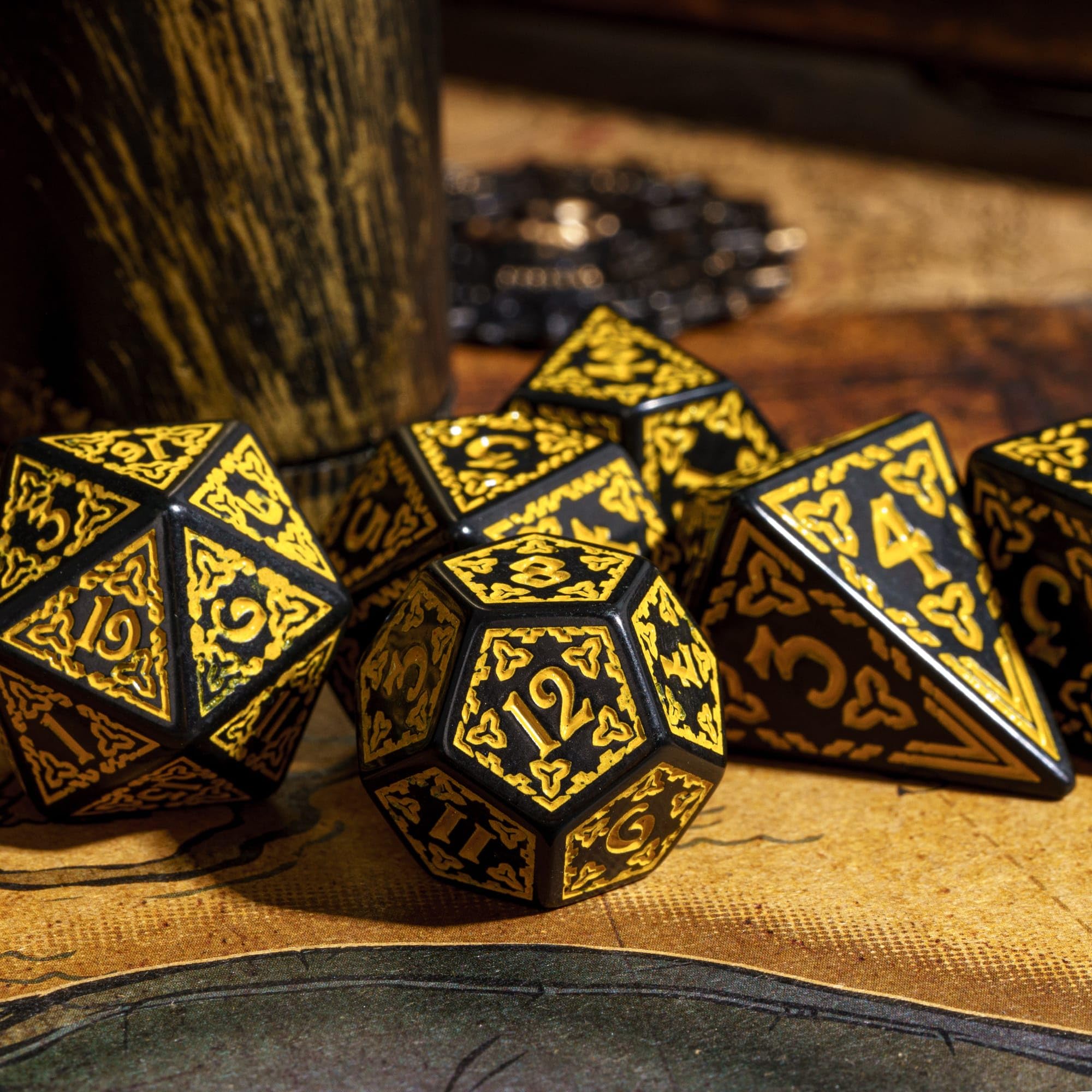 Poludie 7 Pcs Dice DND, Celtic Knot Polyhedral Dice Set D&D Dice/Dice Bag for Dungeons and Dragons Role Playing Dice Games RPGs (Black Yellow)