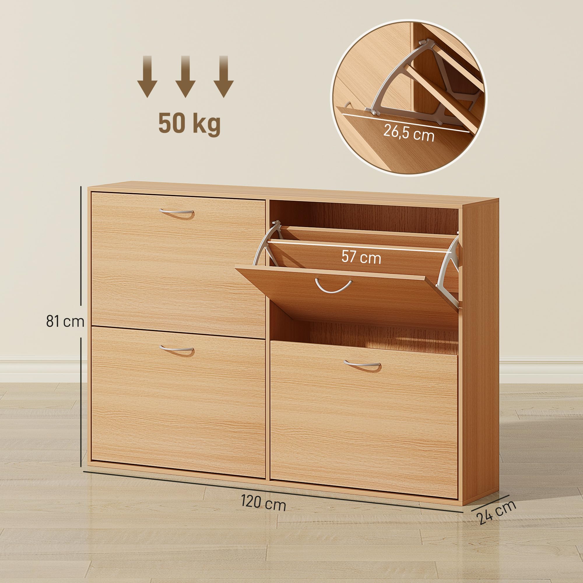 HOMCOM Zapatero Estrecho 4 Puertas, Zapatero Entrada Recibidor con Estantes Ajustables, para 16-24 Pares de Zapatos, para Pasillo, Espacios Reducidos, 120x24x81 cm, Natural