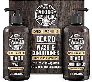 Viking Revolution Beard Wash and Beard Conditioner for Men with Argan Oil and Jojoba Oil - Beard Softener and Strengthener Beard Care Beard Shampoo and Conditioner with Beard Oil (17oz Spiced Vanilla)
