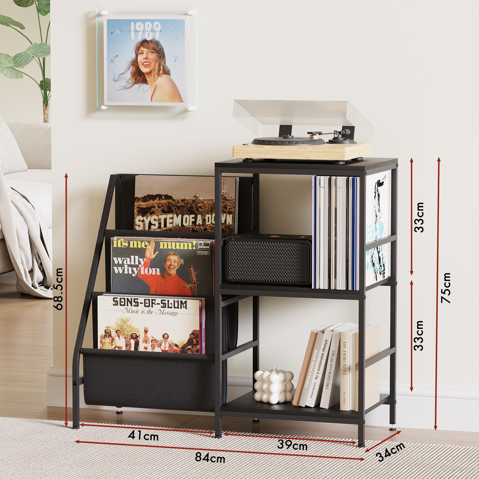 Plattenspieler-Ständer mit Schallplattenregal, Vinyl-Aufbewahrung für LPs, Mehrstufiger Schallplattenständer aus Metall, Industrie-Design für Wohnzimmer (Schwarz 2)