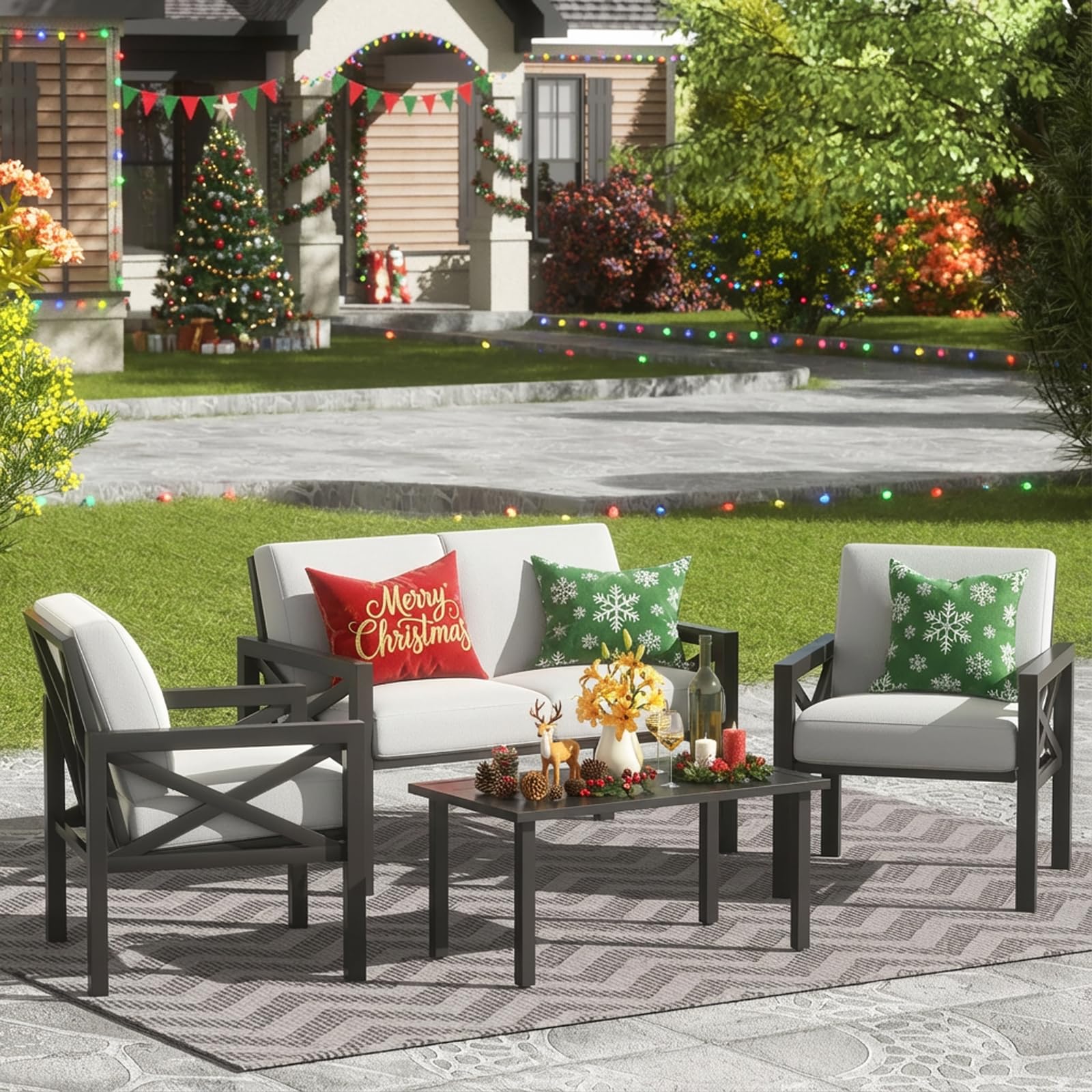 NATURAL EXPRESSIONS Outdoor Patio Furniture 4 Pieces Set, Modern Patio Conversation Sets, Outdoor Sectional Metal Sofa with 5.5 Inch Cushion and