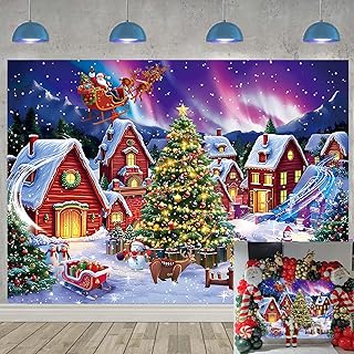Toile de fond de village de Noël dessin animé 2,4 x 1,8 m aurores boréales, nuit enneigée, sapin de Noël, Père Noël, arrière-plan pour photographie, vacances, Nouvel An, décorations de fête