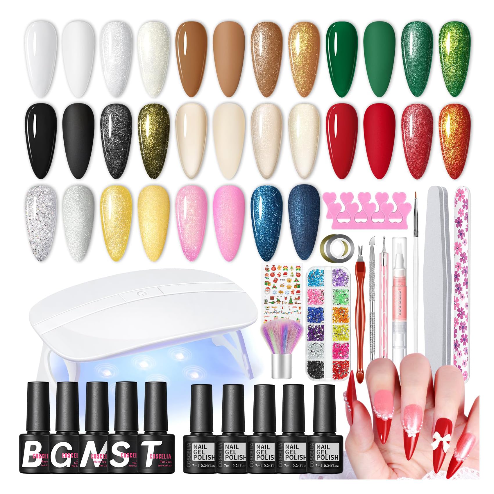 COSCELIA 33pcs Uñas Semipermanentes Kit Completo, 10 Colores Kit Uñas de Gel con UV Lámpara Blanco Rosa, Base Coat&4 Top Coat y Herramientas de Manicura, DIY para Principiante en Casa