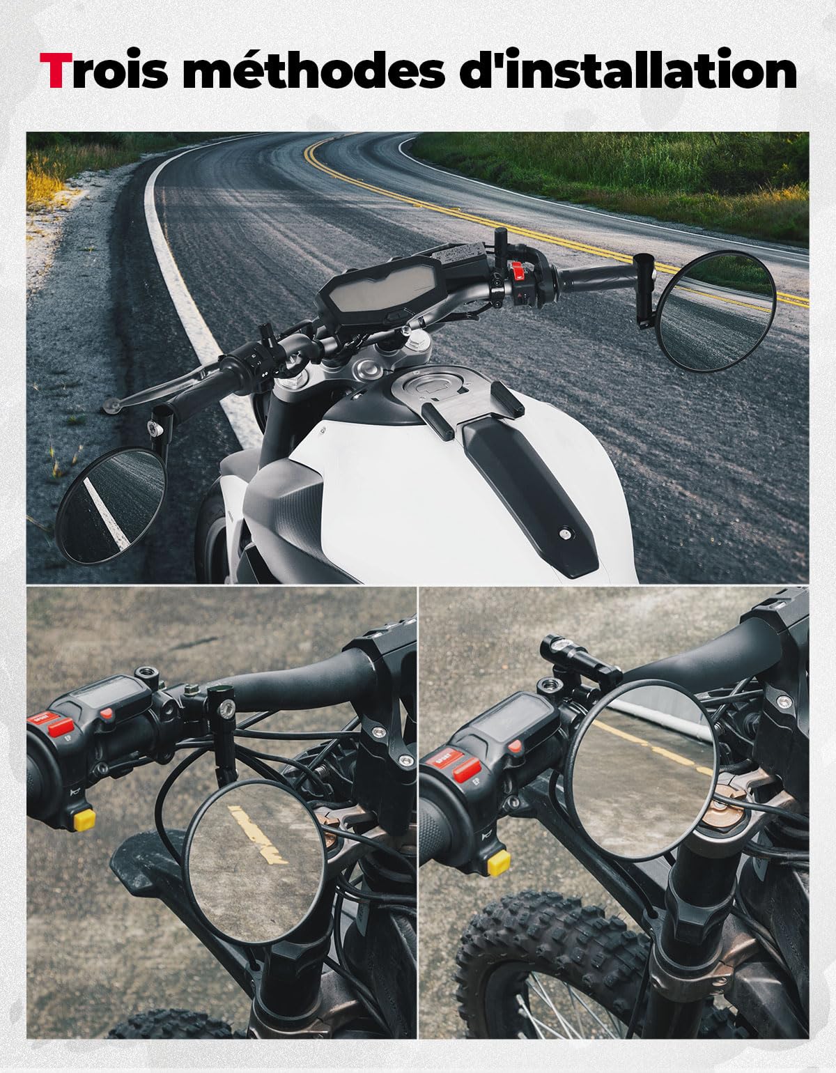KEMIMOTO Lot de 2 Pièce Rétroviseurs Moto, Homologués E24, Rétroviseur Ronds avec Fixations, Compatibles avec Scooters, VTT, MT07, Z750, CB125R